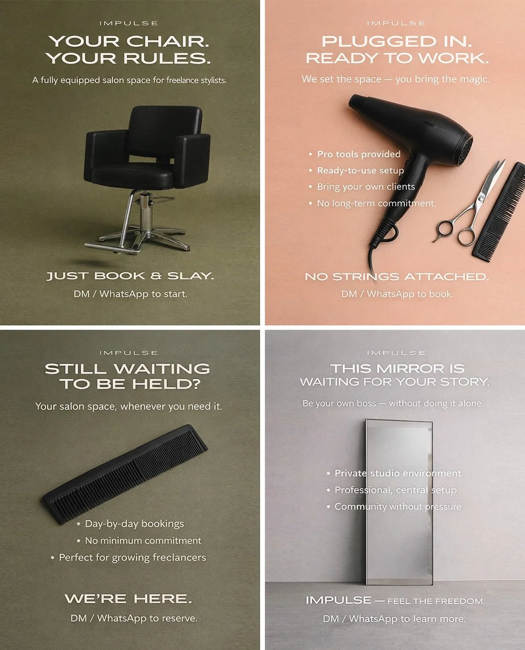 RECRUITING FREELANCE STYLISTS 👀✂️✨ 

IMPULSE is opening its doors to freelance hairstylists looking for a space to build their own business. 

A fully equipped, independent hair studio for stylists who value freedom, flexibility, and doing things th