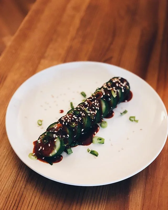 Fresh cucumber 🥒. Drizzle of gochujang, rice vinegar, sesame oil. Topped with scallions and toasted sesame seeds.
