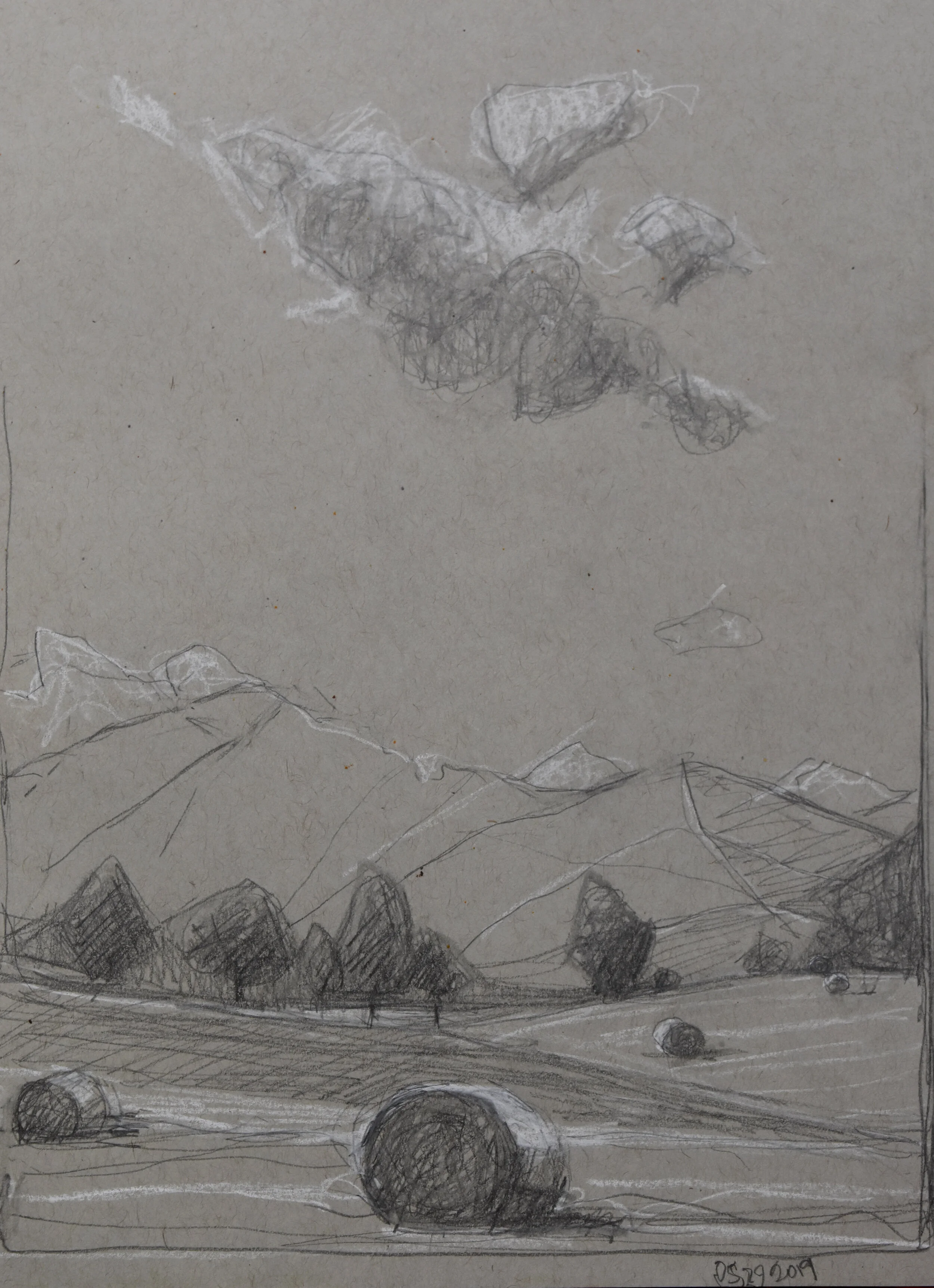 Bales, 2019, pencil and white charcoal