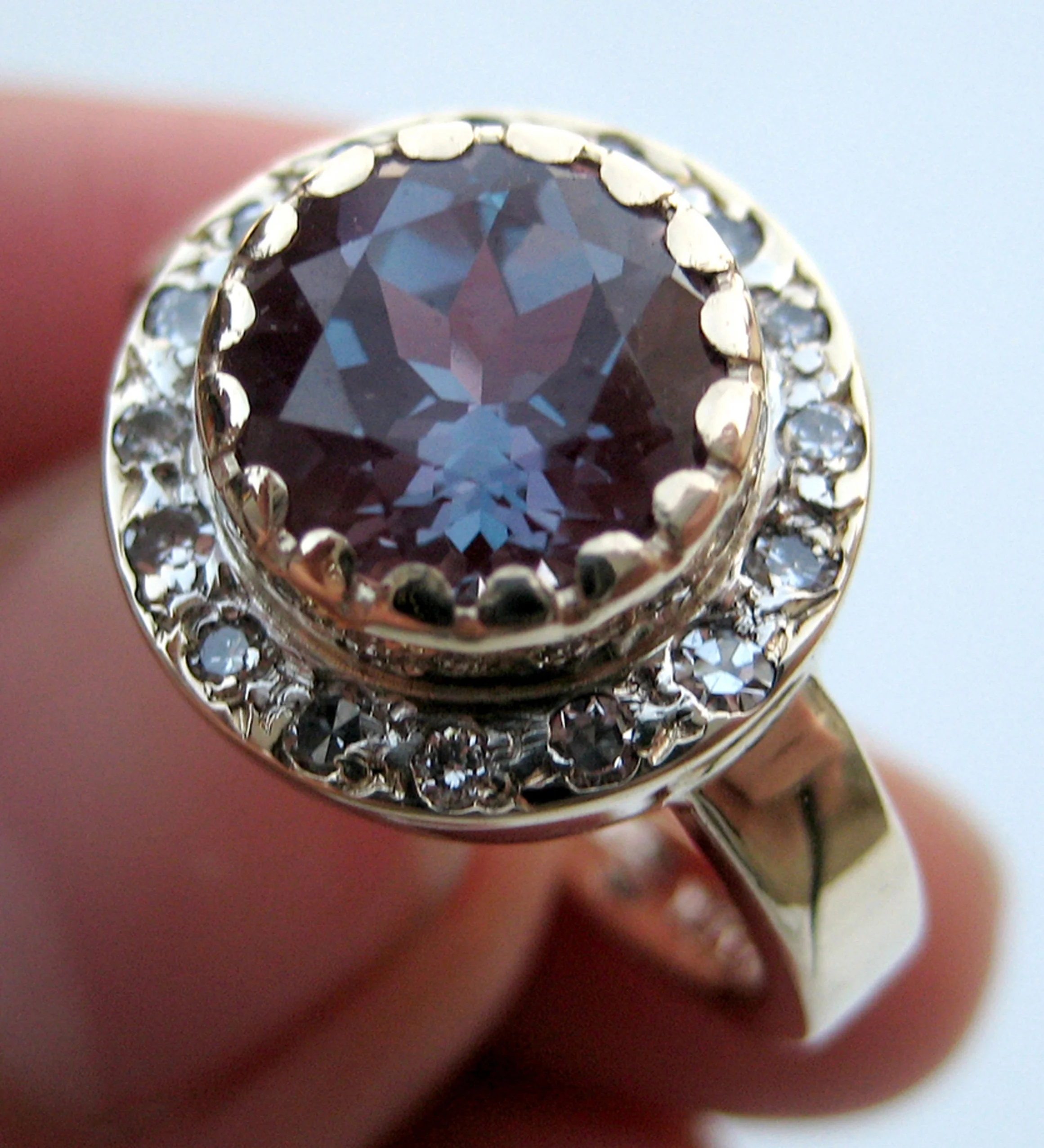 Lab grown Alexandrite, diamond, 14k yellow gold