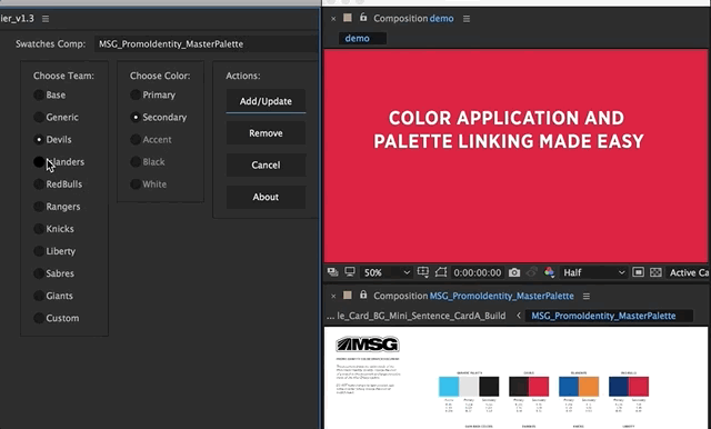 I created a color script that allowed an artist to easily apply colors across an entire project that link back to a centralized color palette PSD. This allows for all of the color to be controlled dynamically, so when a color change is requested a single PSD file controls every AEP file and can be easily updated.