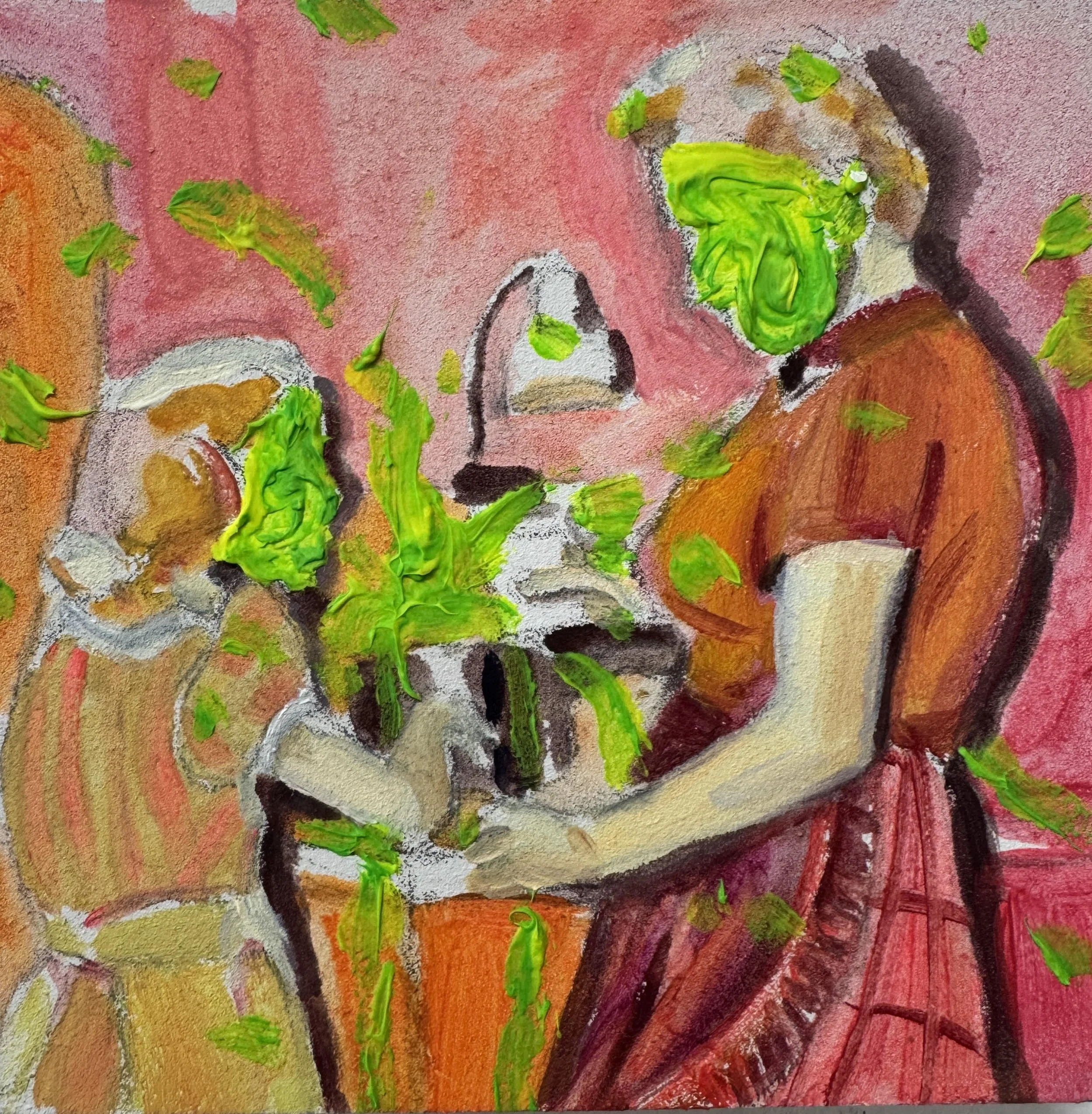  “Saucy Saints in the Kitchen 2” oil on panel, 4 × 4 inches, 2026 