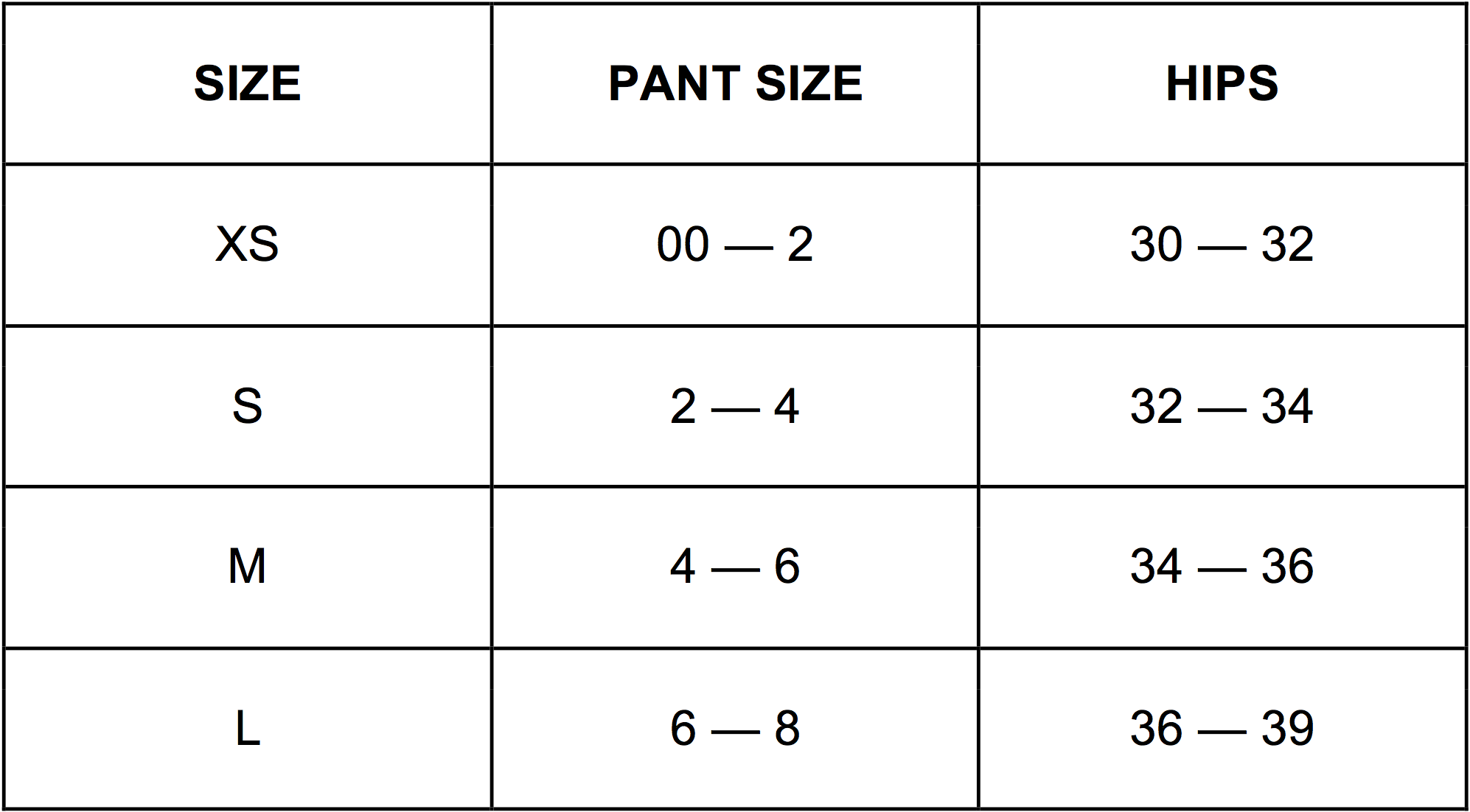 Bottom Size Chart