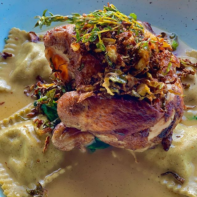 Start your weekend off right, join us for dinner on this perfect Fall evening ! ✨Tonight&rsquo;s Special: Roasted Half Chicken, fall harvest ravioli, saut&eacute;ed spinach, chicken consumm&eacute;, crispy shaved brussel sprouts ✨