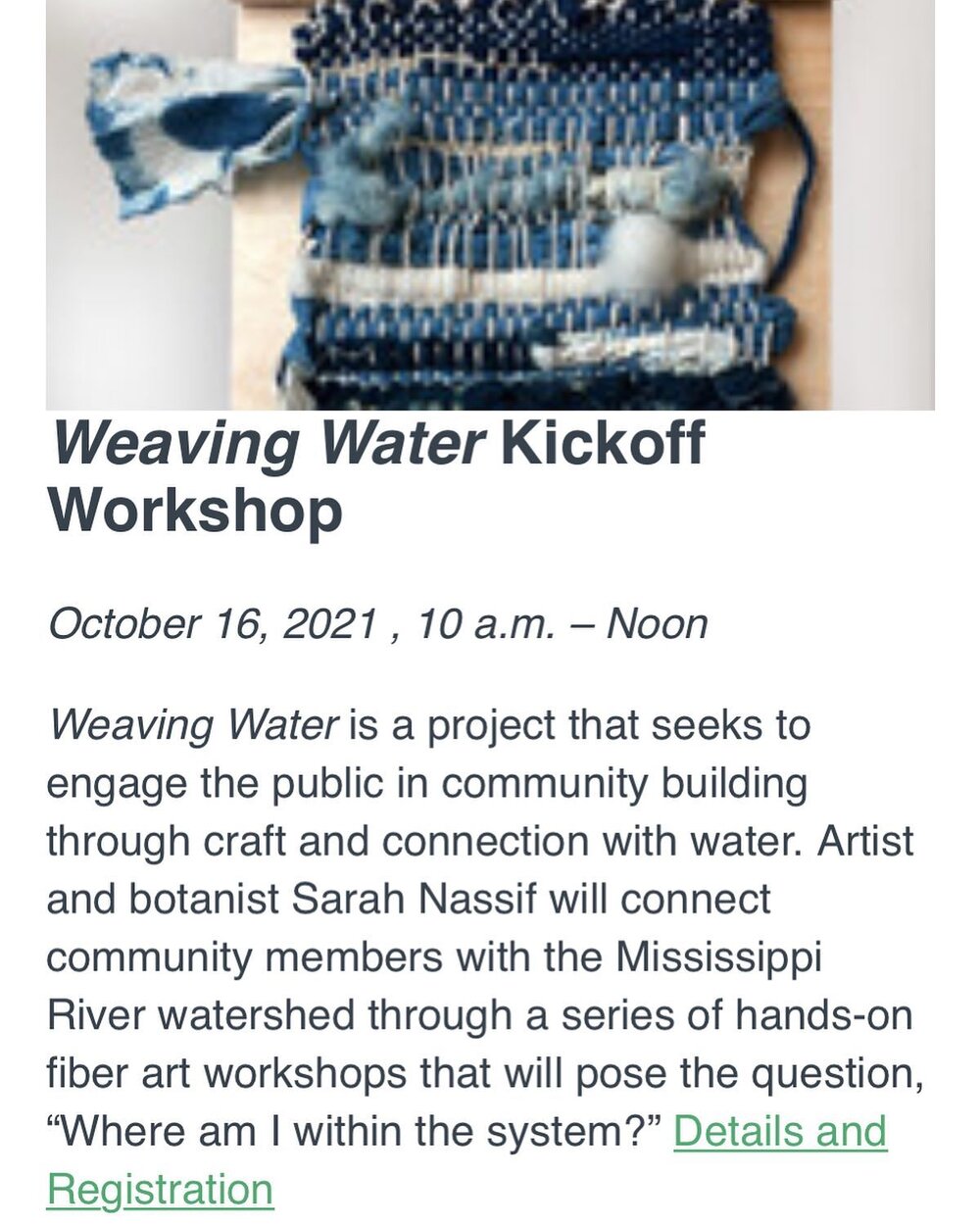 FREE WORKSHOP ANNOUNCEMENT. Sign up for indigo and fiber fun, stress relief and friend making with the river and other indigo and fiber curious folks! Oct 16 workshop will introduce a couple threads (more puns to come, can&rsquo;t help it): how fiber