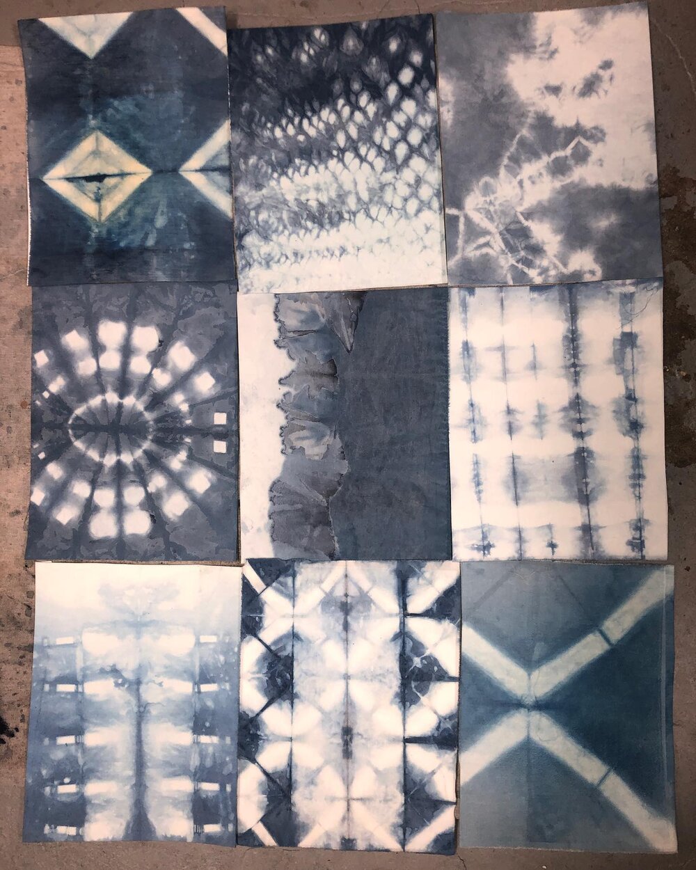 I&rsquo;ve been having fun experimenting with my various indigo vats and techniques to introduce pattern. One of my vats gives sort of a dull blue and another gives almost a turquoise (though that doesn&rsquo;t show very well in this picture). I have
