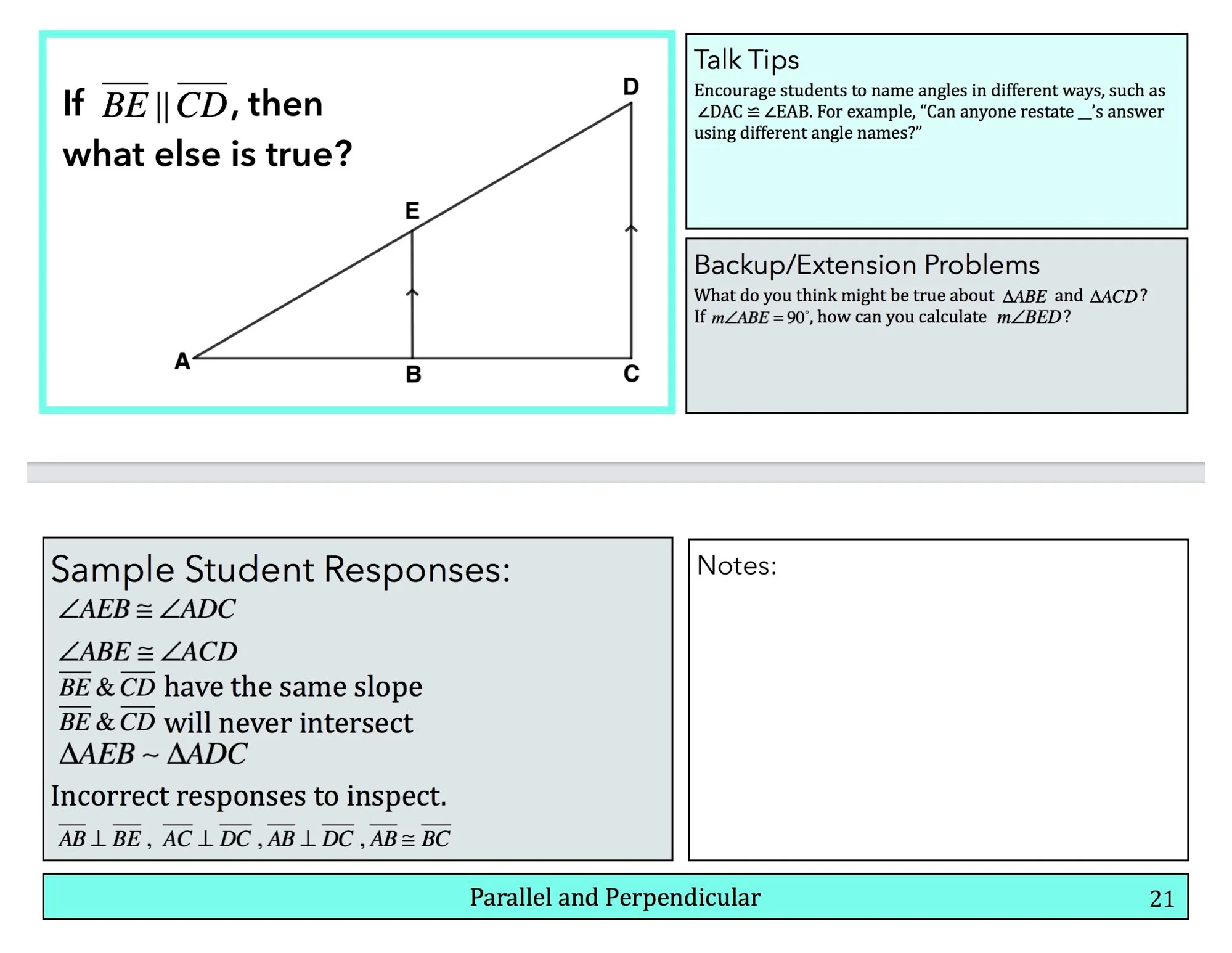 Sample pages from the Geometry book. Notice the Talk Tips, Sample Student Responses (including incorrect responses that are interesting to examine) and even Backup and Extension problems to keep the conversation going.