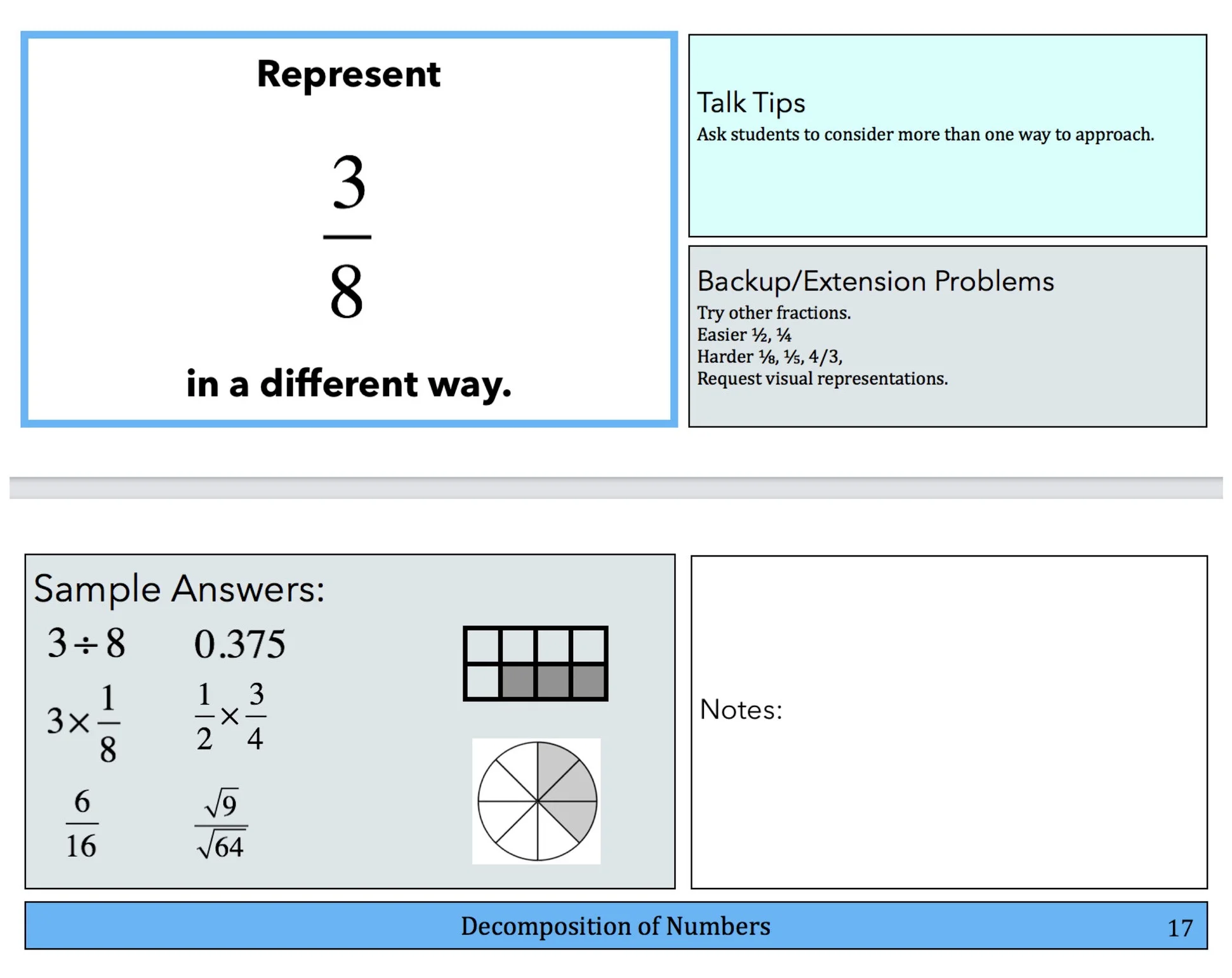 Sample pages from the Number Sense book. Notice the Talk Tips, Sample Student Responses. Backup and Extension problems help you differentiate to keep the conversation going.