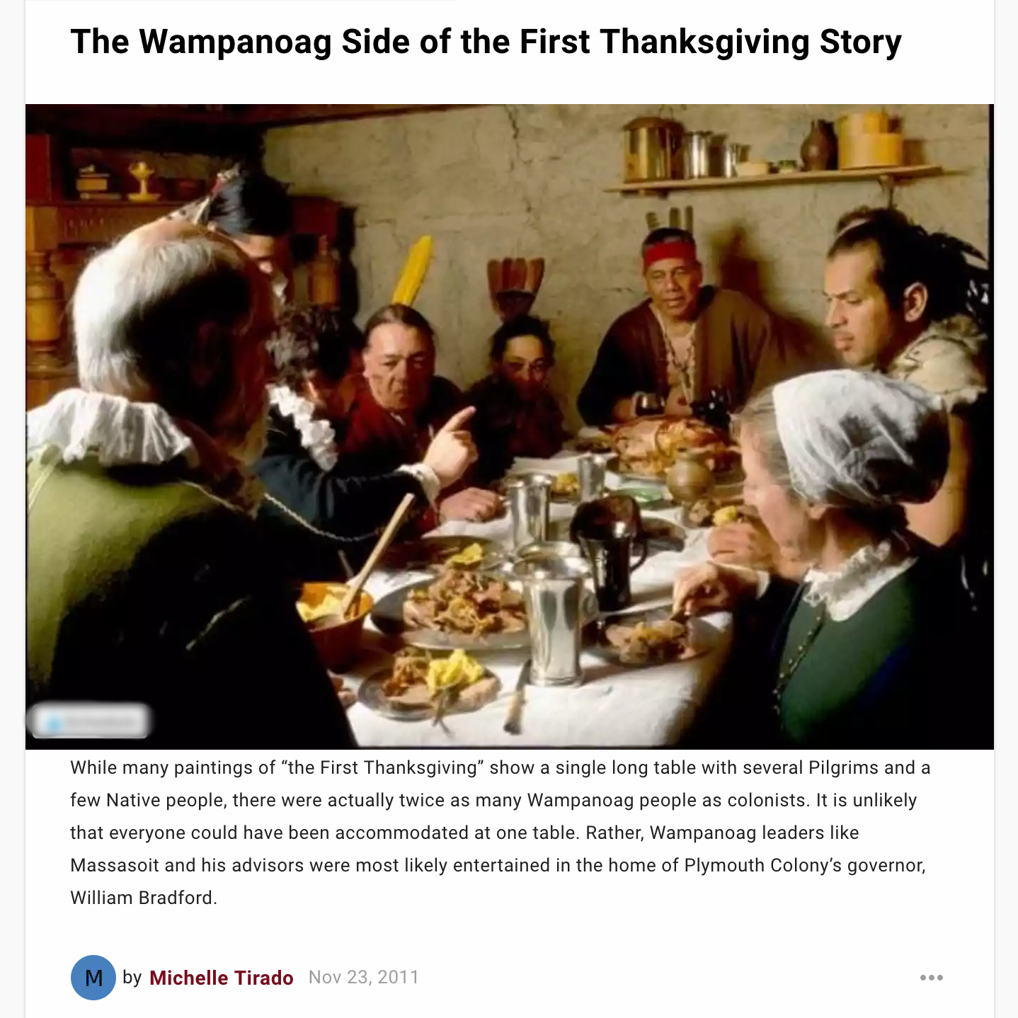  The first Thanksgiving from the perspective of the Wampanoag people.  