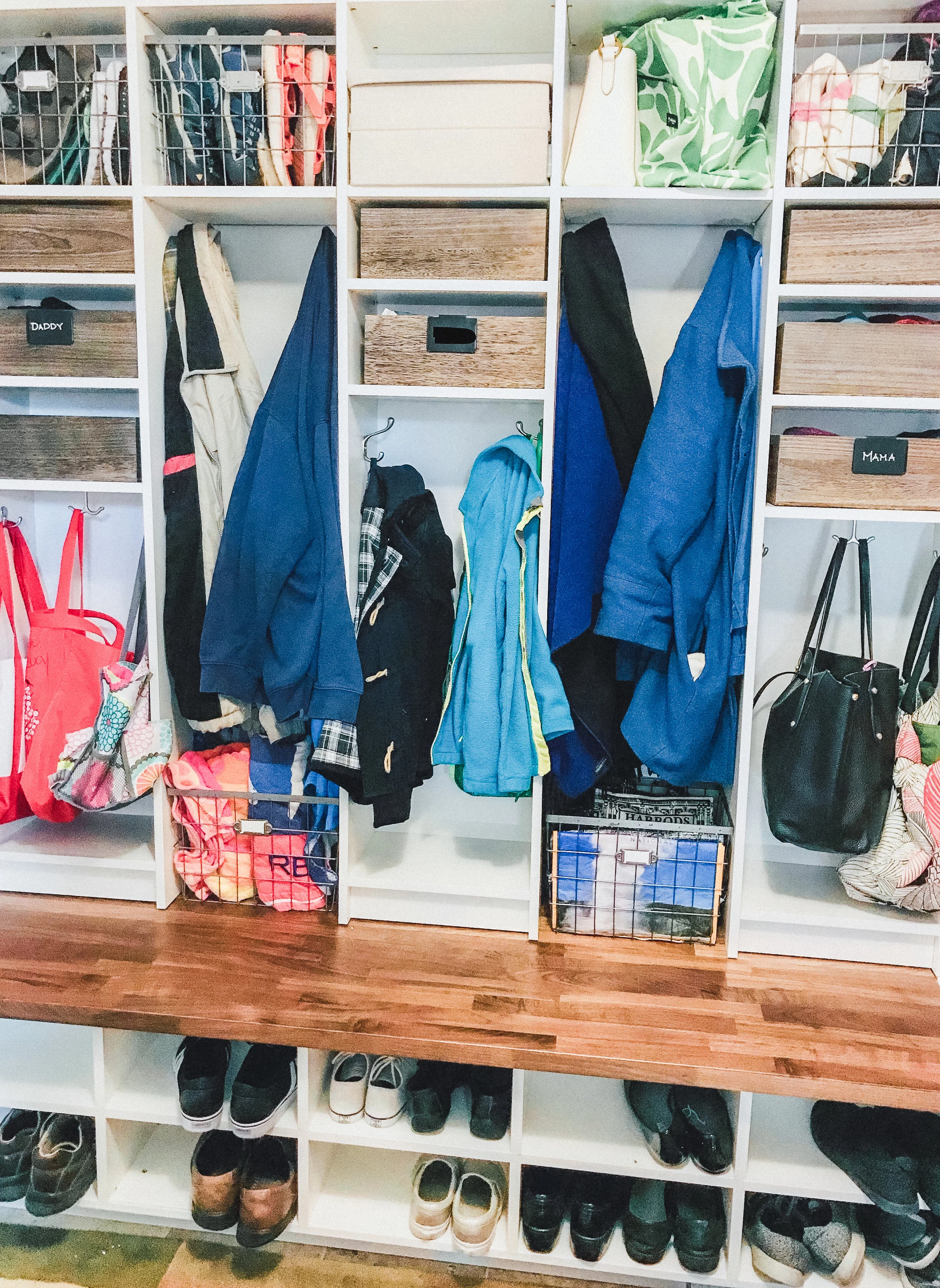 Our tidy mud room truly does spark joy! A place for everything, and everything in its place.