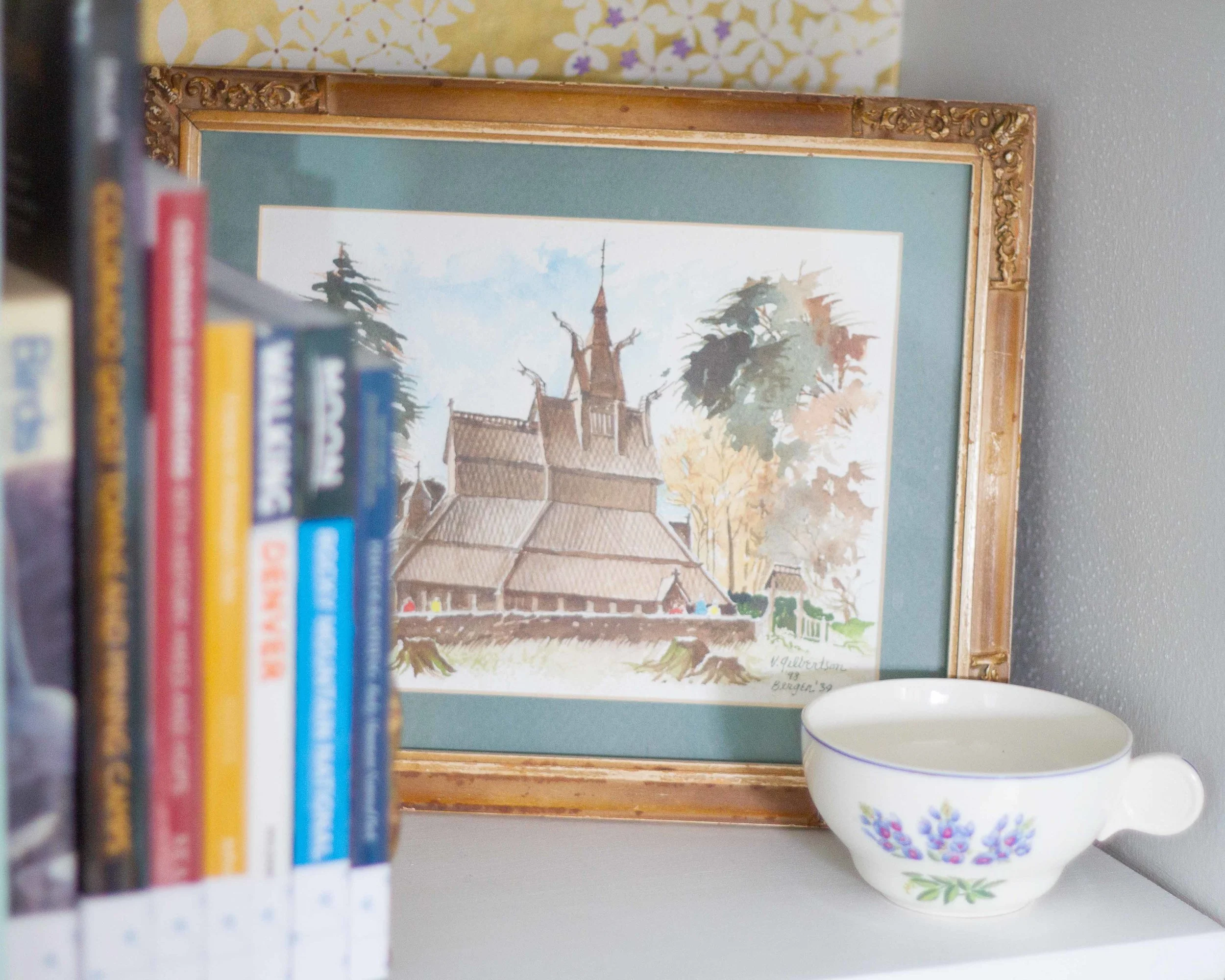 Minnesota artist, Victor Gilbertson, painted this watercolor as a wedding gift for us. The cup is vintage — a pattern commemorating the Texas Centennial Exposition in 1936.