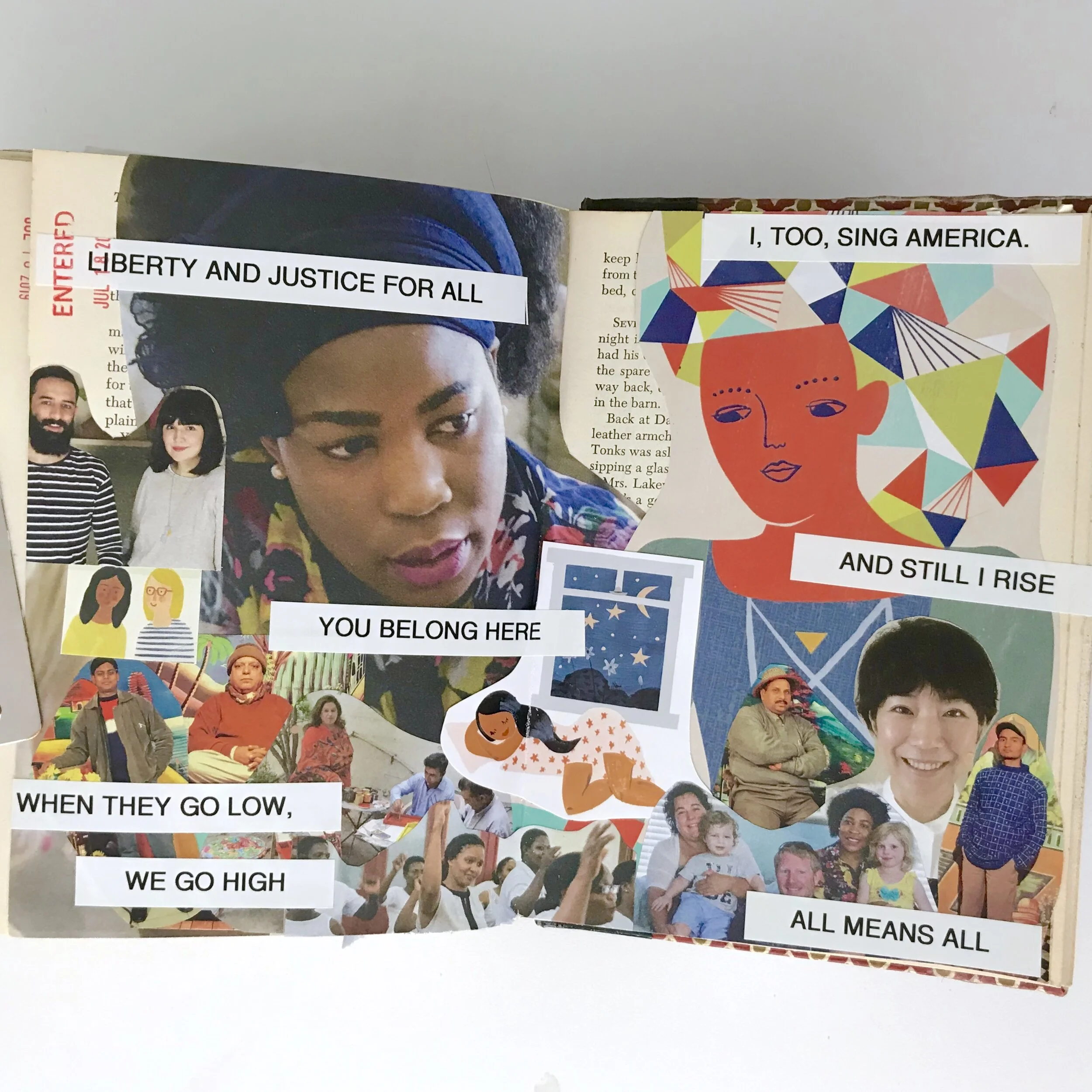 A collaged spread using images cut from magazines and word stickers from my label maker.