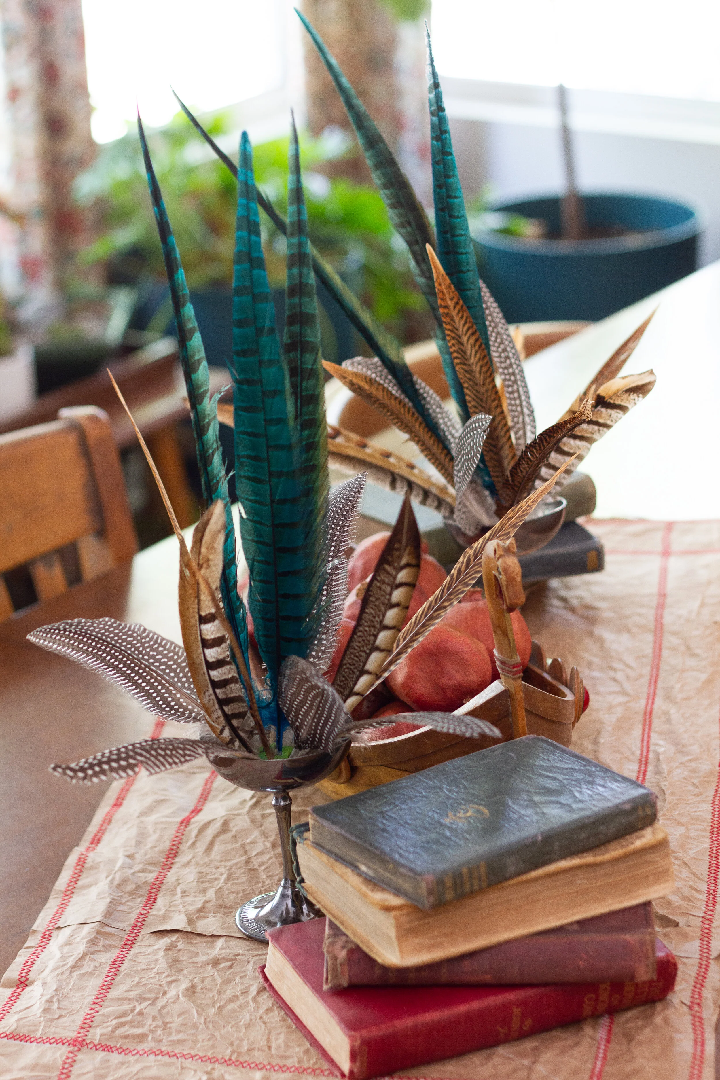 Fall-Inspired Centerpiece with Pheasant Feathers