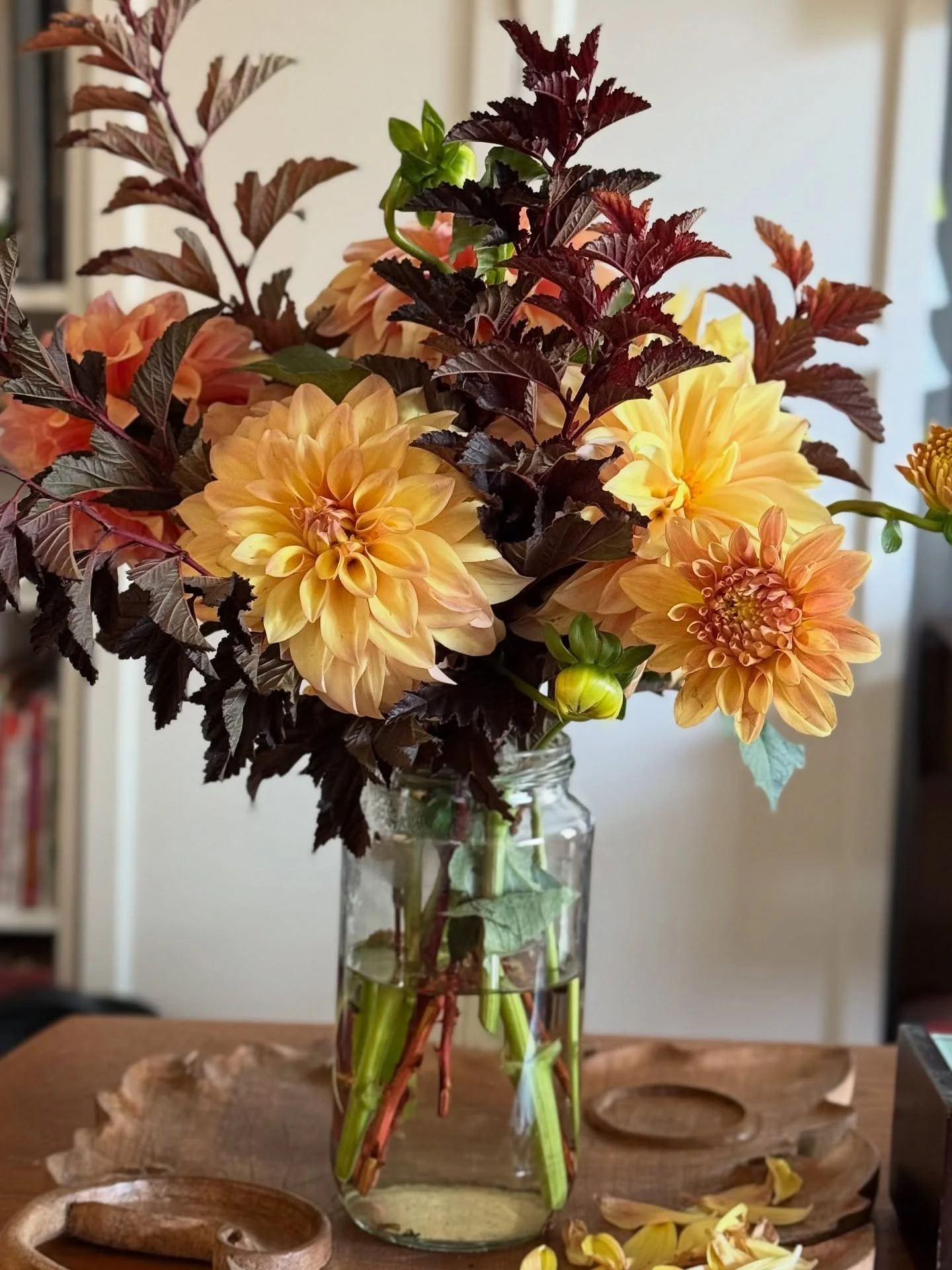 Dahlias and Nine Bark.
Fall in a glass jar.