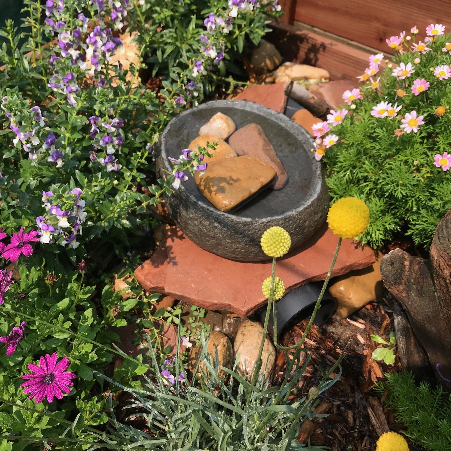 Hollowed out stone birdbath