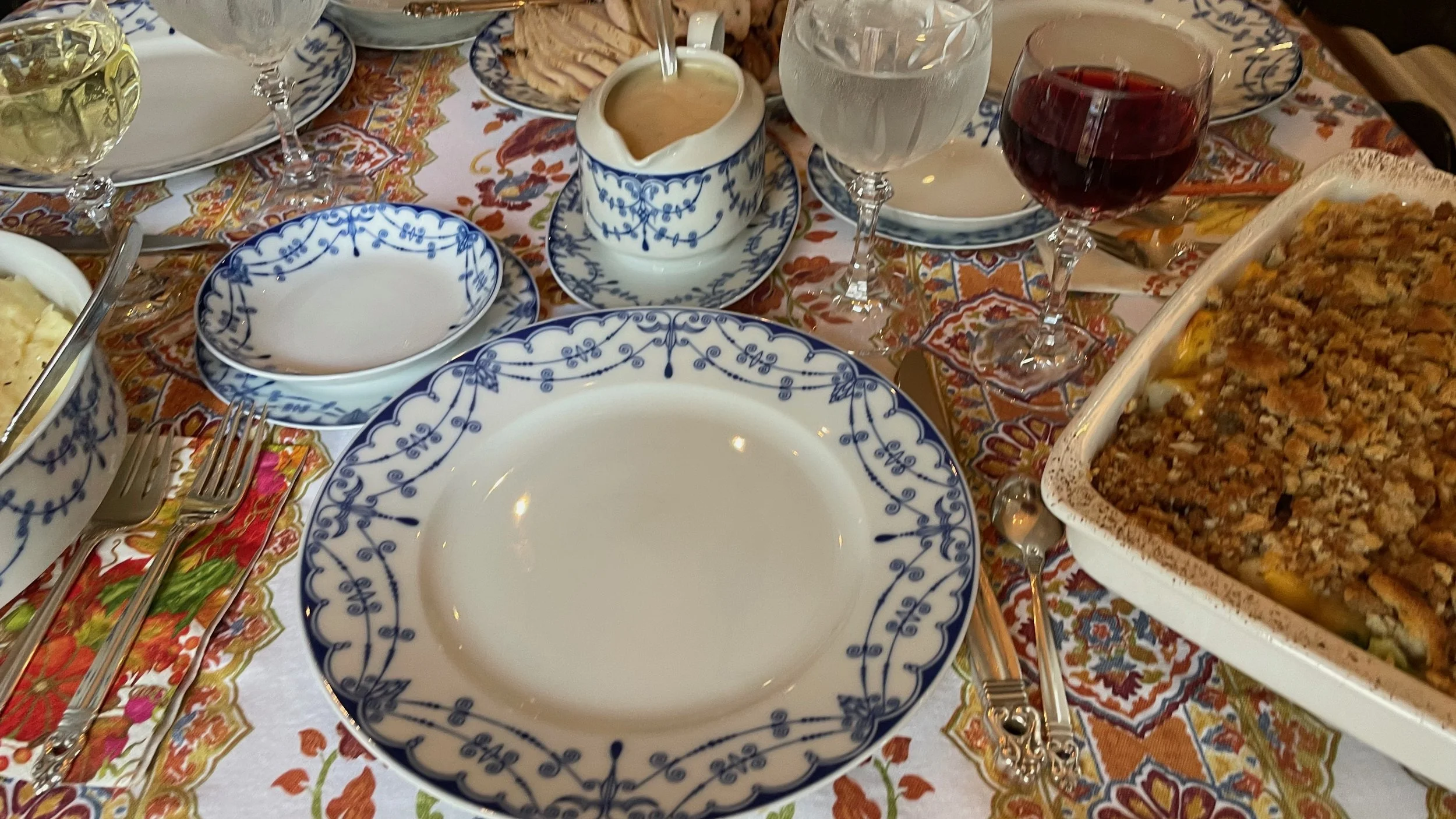 Vintage blue and white porcelain place setting featuring Nanette pattern
