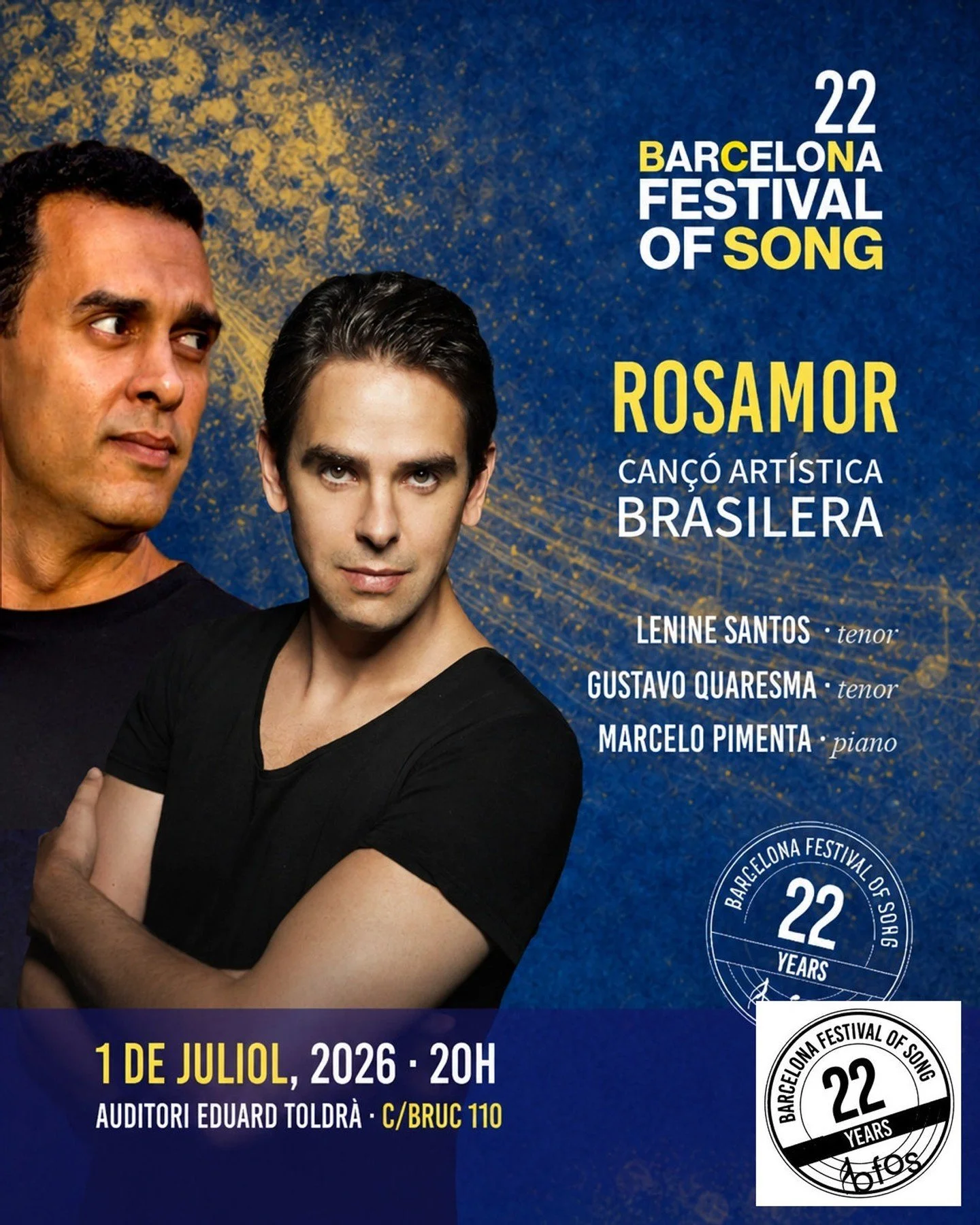 Inaugurem el festival amb ROSAMOR &middot; Can&ccedil;&oacute; art&iacute;stica brasileira! 🇧🇷 Una nit m&agrave;gica que ens portar&agrave; l'energia del Brasil amb dos tenors excepcionals, Gustavo Quaresma i Lenine Santos, acompanyats pel brillant