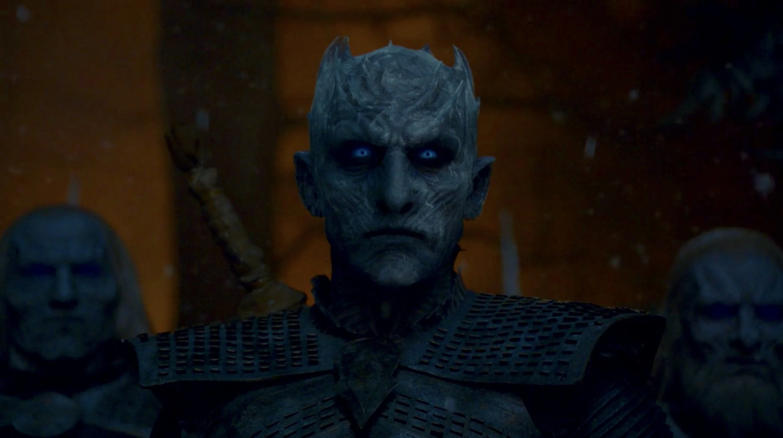 The Night King approaches while Winterfell burns behind him. Still from HBO’s Game of Thrones, s8 e3.