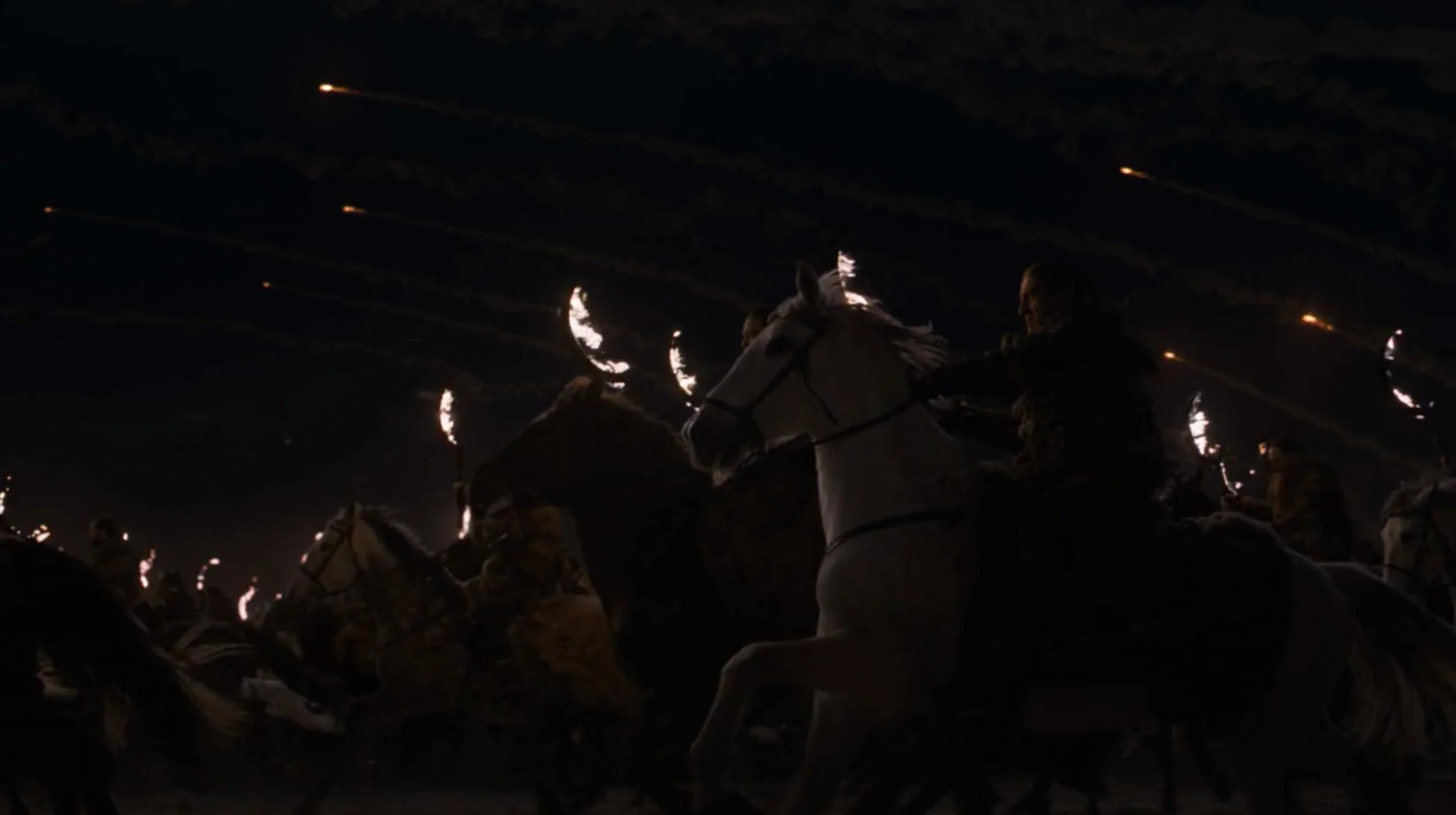 During the Dothraki charge at the very beginning of the battle, their way and our optimism are lit by the flaming arakhs and the cannonballs that punctuate the sky like comets.