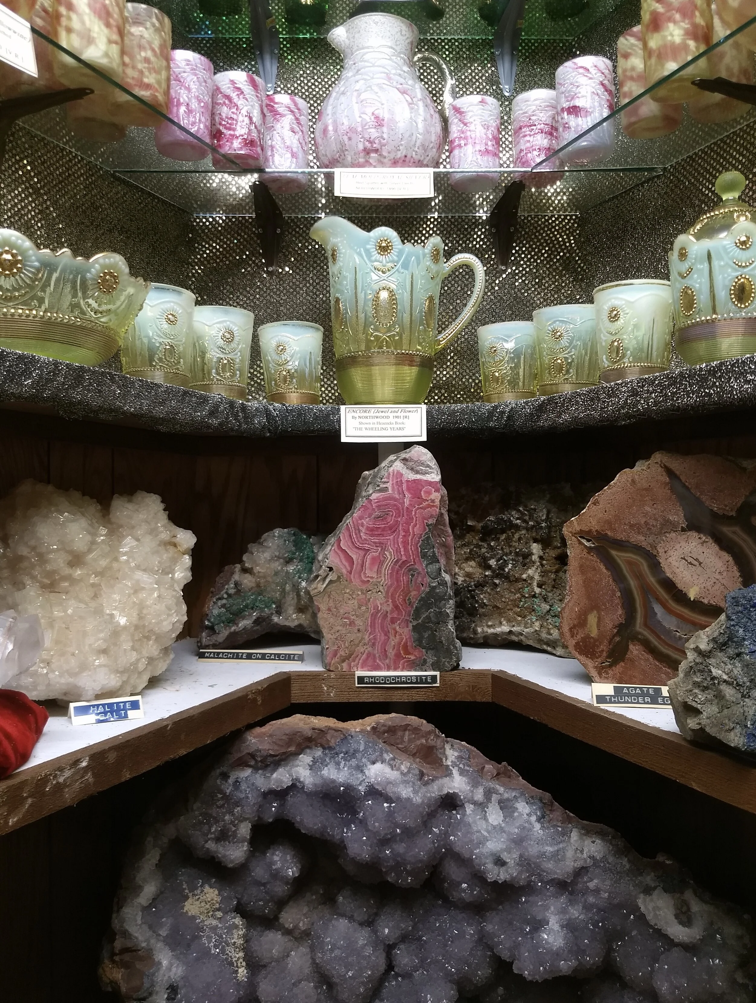 Mineral and glass display in the Golden Pioneer Museum. Golden, MO. Photo by Renée DeVoe Mertz.