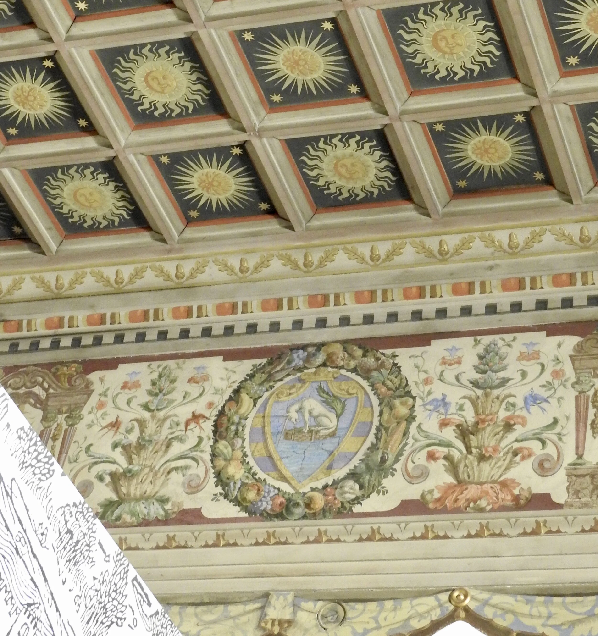 Ceiling and wall decoration in Este Castle featuring a unicorn. Ferrara, Italy. Photo by Renée DeVoe Mertz.