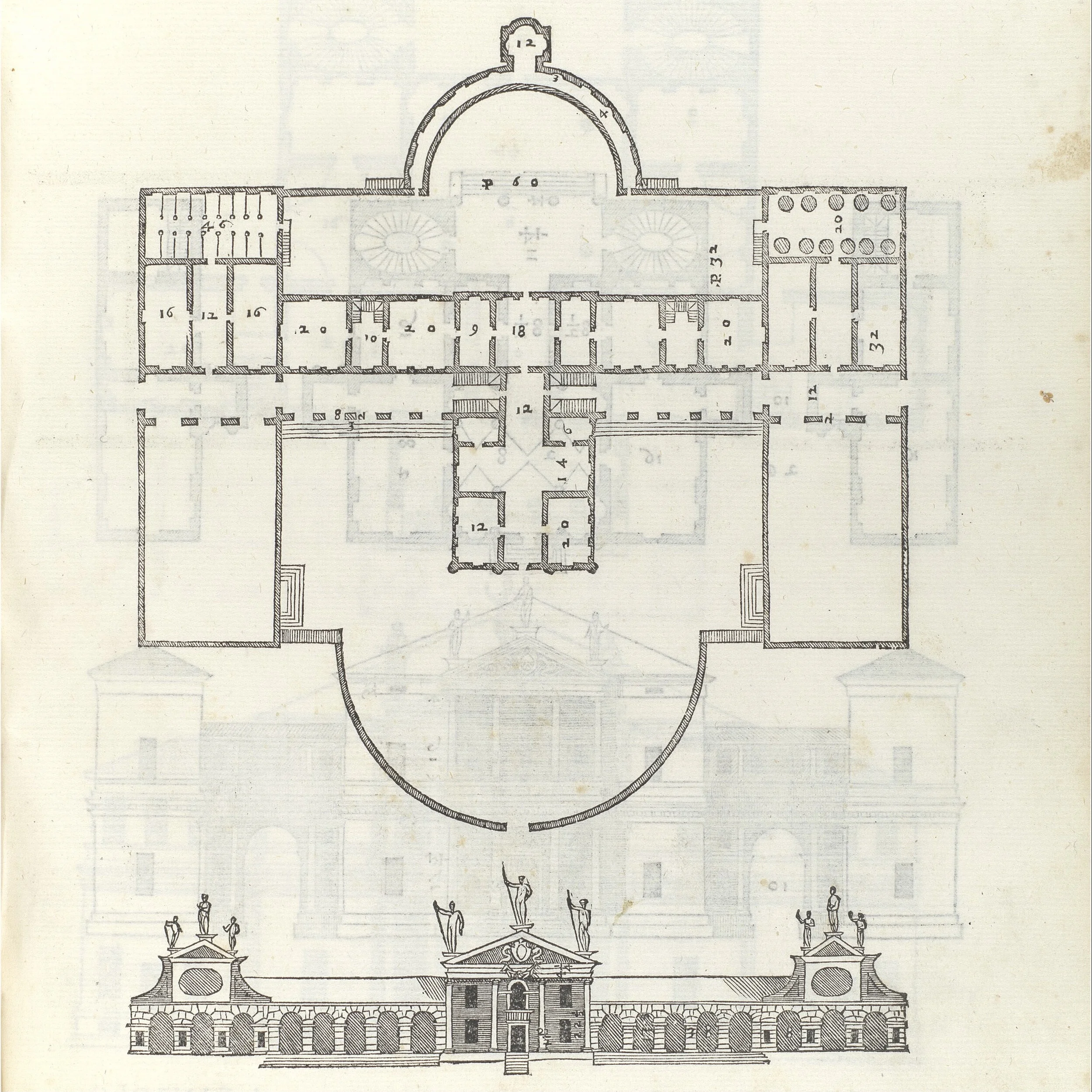 Architectural drawing of Villa Barbaro, from I quattro libri dell'architettura di Andrea Palladio (Book 2, page 51, collection of the Metropolitan Museum of Art). The semicircular nymphaeum appears at the top of the drawing.