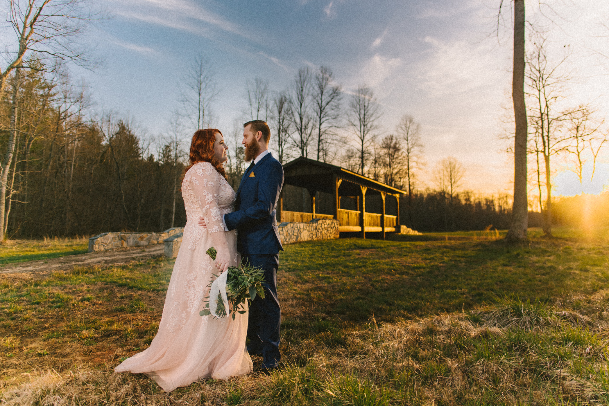 bride and groom sunset portrait