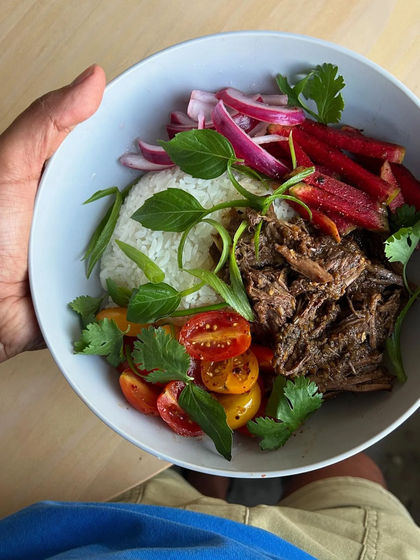 Summer is sooo last week! 

Braised beef roast marinated in lemongrass, garlic, ginger, etc. quick kimchis and pickles. Perfect white rice. Herbs. 

I was just lamenting the prime summer produce, but maybe actually looking forward to soups, stews, an