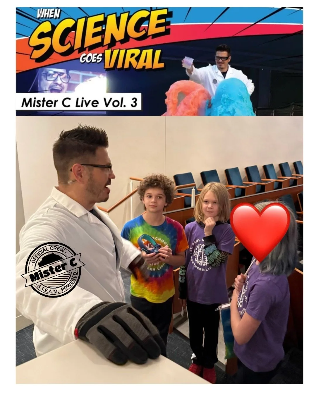 Third through Sixth grade took a field trip to the Ordway to see Mister C, a live science demonstration performance.

And two lucky Northern Lights' students were chosen to come up on stage to help with two different experiments:

The first was an ex