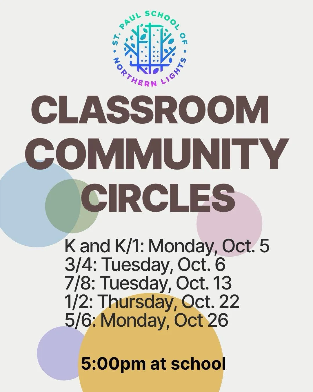 Classroom circles are starting next week from 5-6pm. All caregivers are encouraged to attend.

What are Classroom Circles? 
A time for adult caregivers to connect with their student's teacher in a conversation circle with other the adult caregivers i