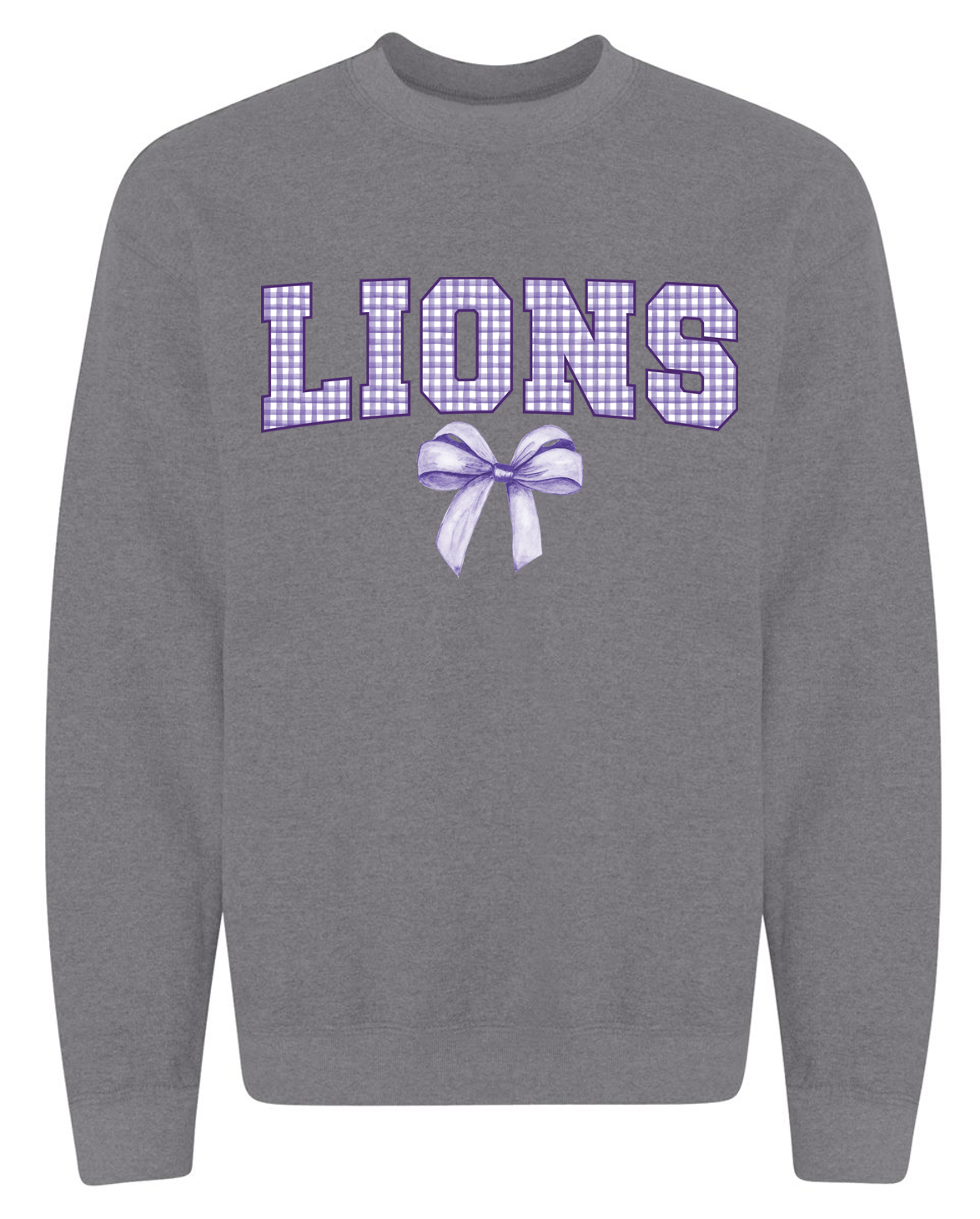 Trinity Lions Plaid and Bow Crewneck (Graphite Heather).png