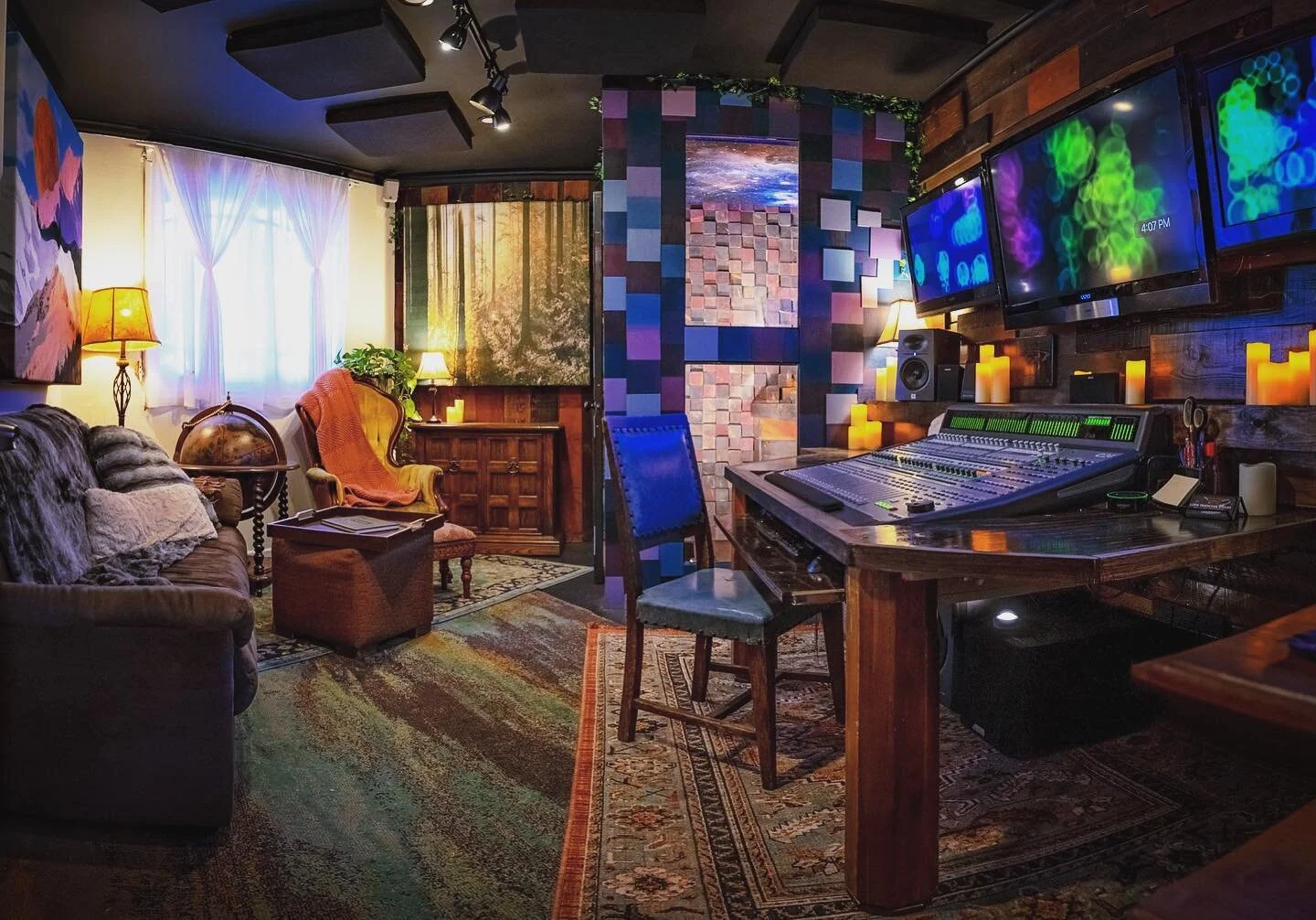Studio B mix desk and iso-booth. Now open for bookings! …And yes, the globe is a mini bar.
