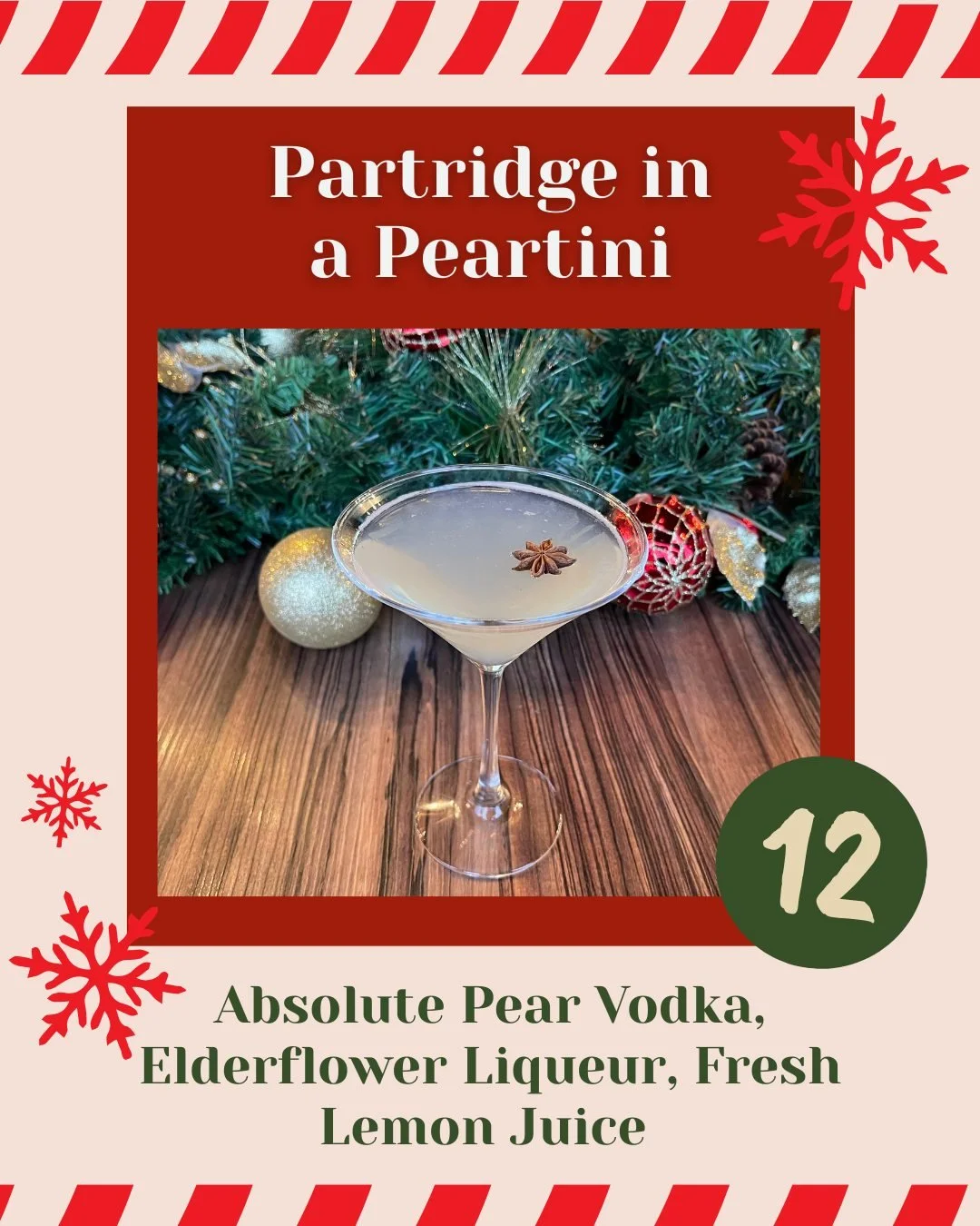 On the 12 day of Christmas Cocktails, The Boathouse gave to me....🍐The Partridge in a Peartini
Our drink of the day shines with pear vodka, elderflower liqueur &amp; fresh lemon juice.
Light, crisp, and elegant!
#day12 #25cocktailsofchristmas #partr