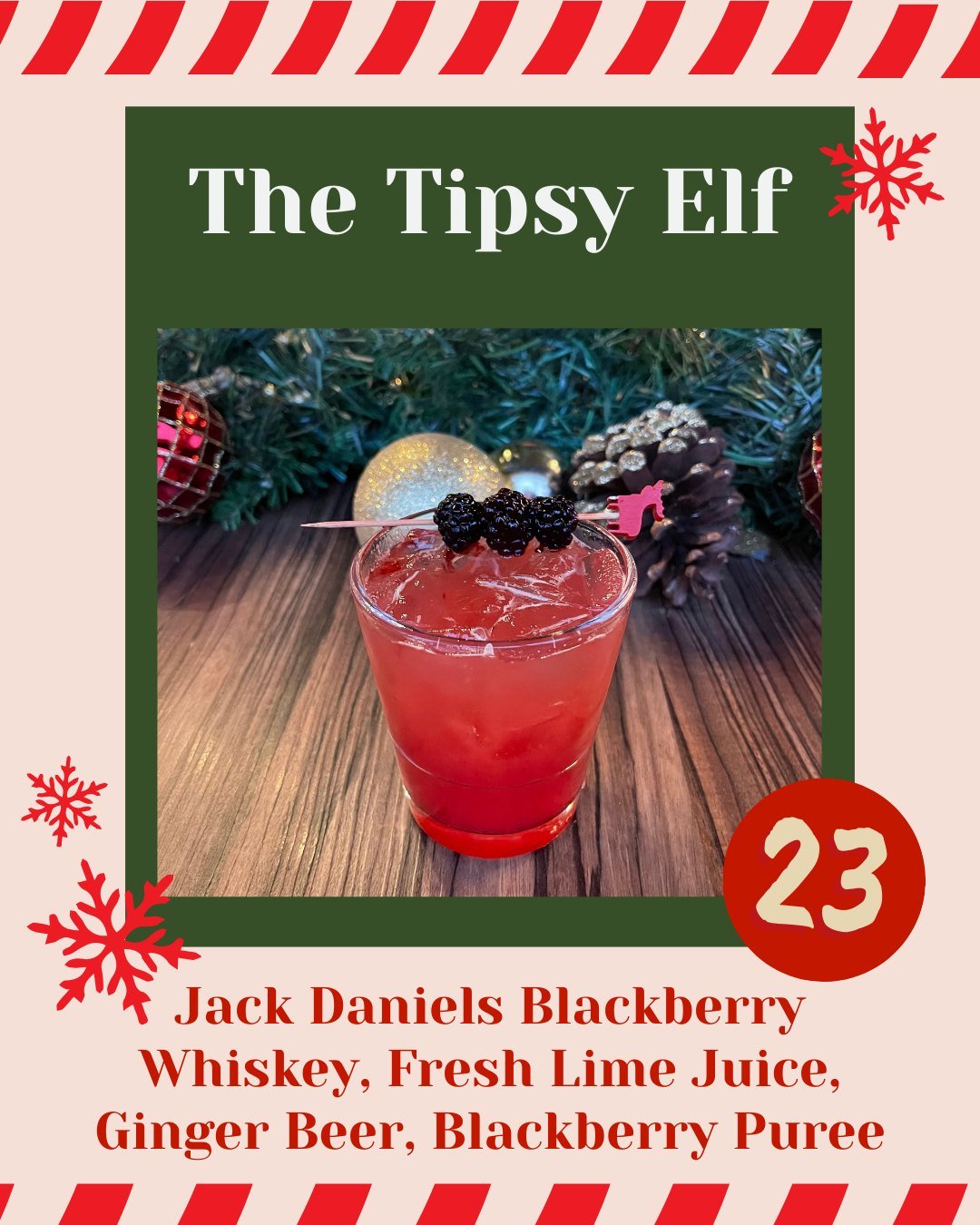 Day 23 of 25 Cocktails of Christmas 🧝&zwj;♂️✨
Say hi to The Tipsy Elf: Jack Daniels blackberry, fresh lime, ginger beer &amp; blackberry pur&eacute;e.
Cheeky and delicious!
#day23 #25cocktailsofchristmas #thetipsyelf #holidaydrinks #boathouse