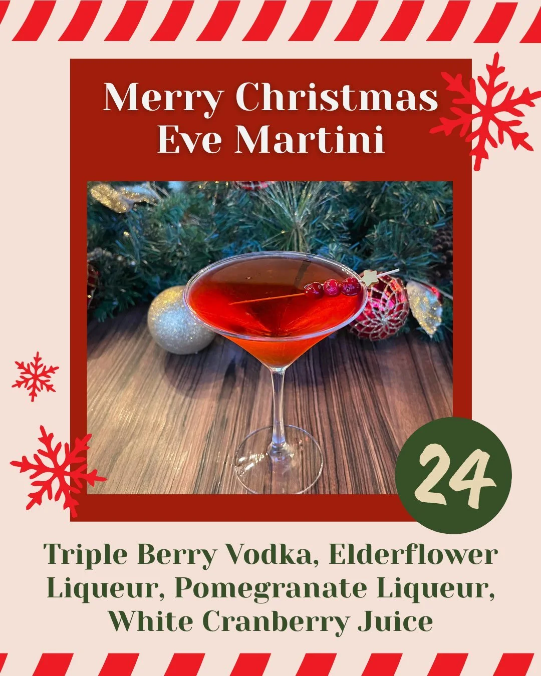 Day 24 of 25 Cocktails of Christmas 🎄✨
The Merry Christmas Eve Martini shines bright with triple berry vodka, elderflower liqueur, pomegranate liqueur &amp; white cranberry juice.
A festive sparkle in a glass: the perfect sip to toast cozy nights, t