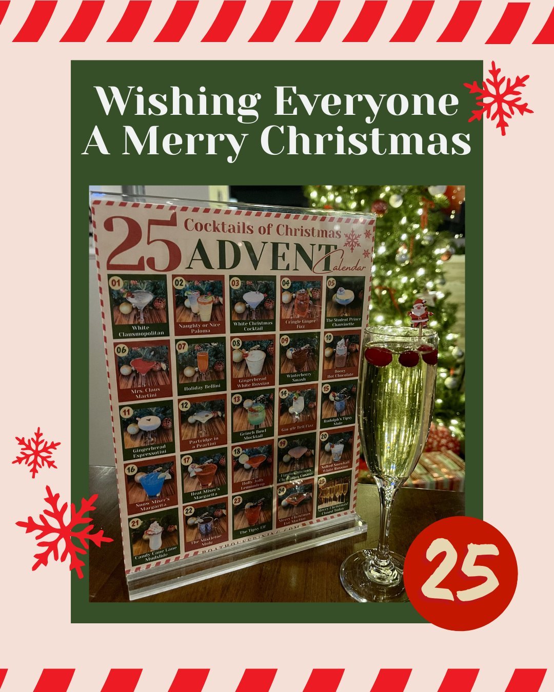 Day 25 of 25 Cocktails of Christmas ✨ 
We&rsquo;re closed today, but wishing you a festive, joyful holiday!
Visit us on New Years! 🥂 
#25cocktailsofchristmas #champagne #Merrychristmas