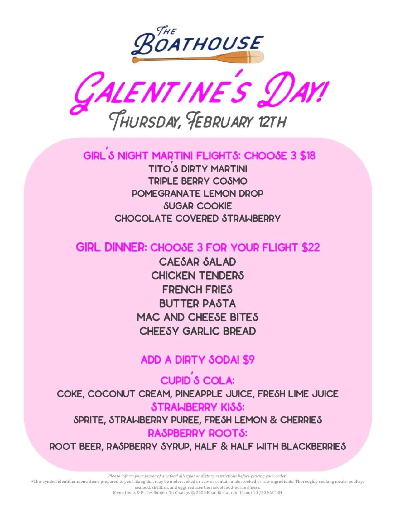 Let&rsquo;s go girls - We&rsquo;re hosting Galentine&rsquo;s Day! 💘
Girl Dinner, Martini Flights and Dirty Sodas what a better way to celebrate the girls! 🎉🍸Available all day on Thursday, February 12th! 

Followed by amazing Valentine&rsquo;s Spec