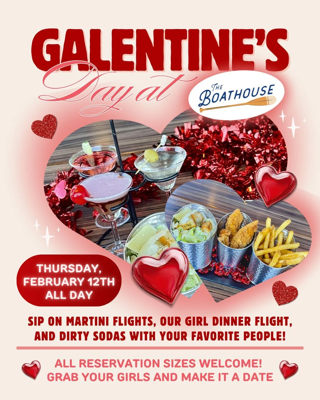 Galentine&rsquo;s plans = officially set 💕🍸
Join us at The Boathouse on Thursday, February 12th (all day!) for girl dinner vibes, martini flights, a girl dinner flight, and dirty sodas with your favorite people!
All reservation sizes welcome, so br