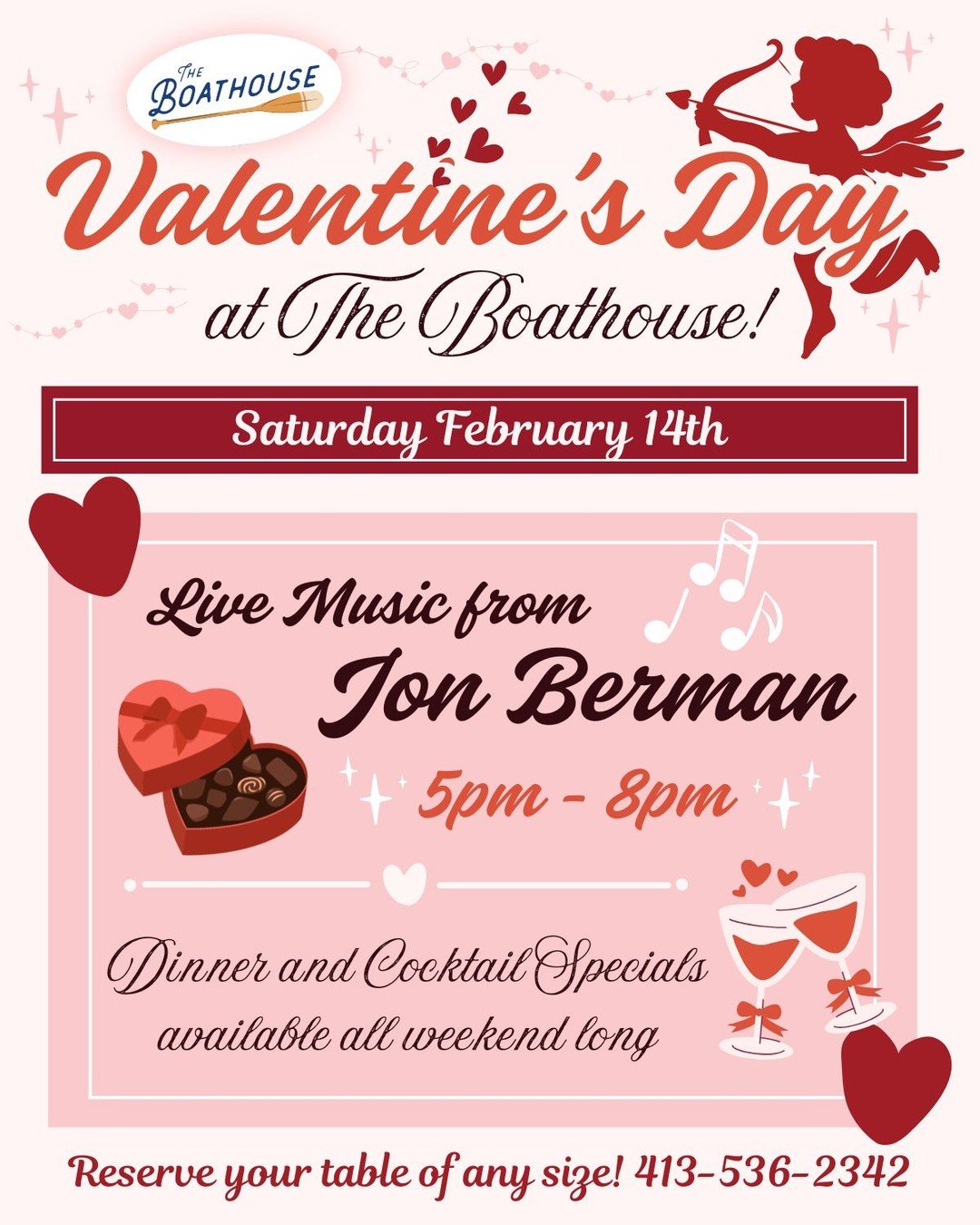 Love is calling&hellip; and it&rsquo;s telling you to meet us at The Boathouse 💕
We&rsquo;ll have live music on Saturday, February 14th from 5&ndash;8PM with Jon Berman 🎶
🍽️ Dinner + drink specials available all weekend long! 🥂✨
See you this week