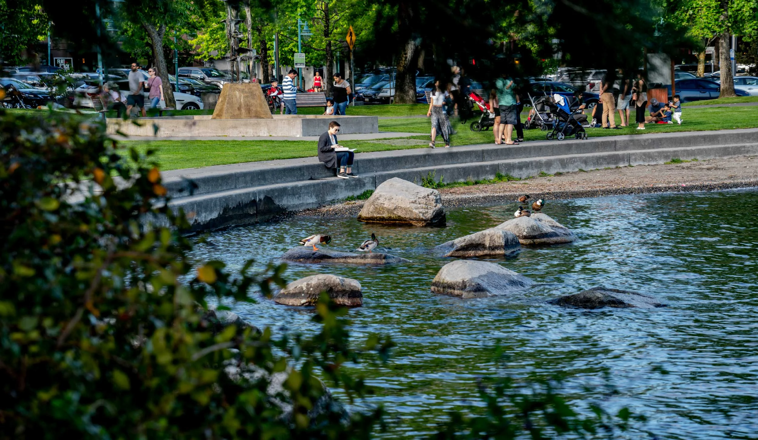 A park scene near a body of water with ducks and rocks, people walking, sitting on benches, and children playing in the background.
