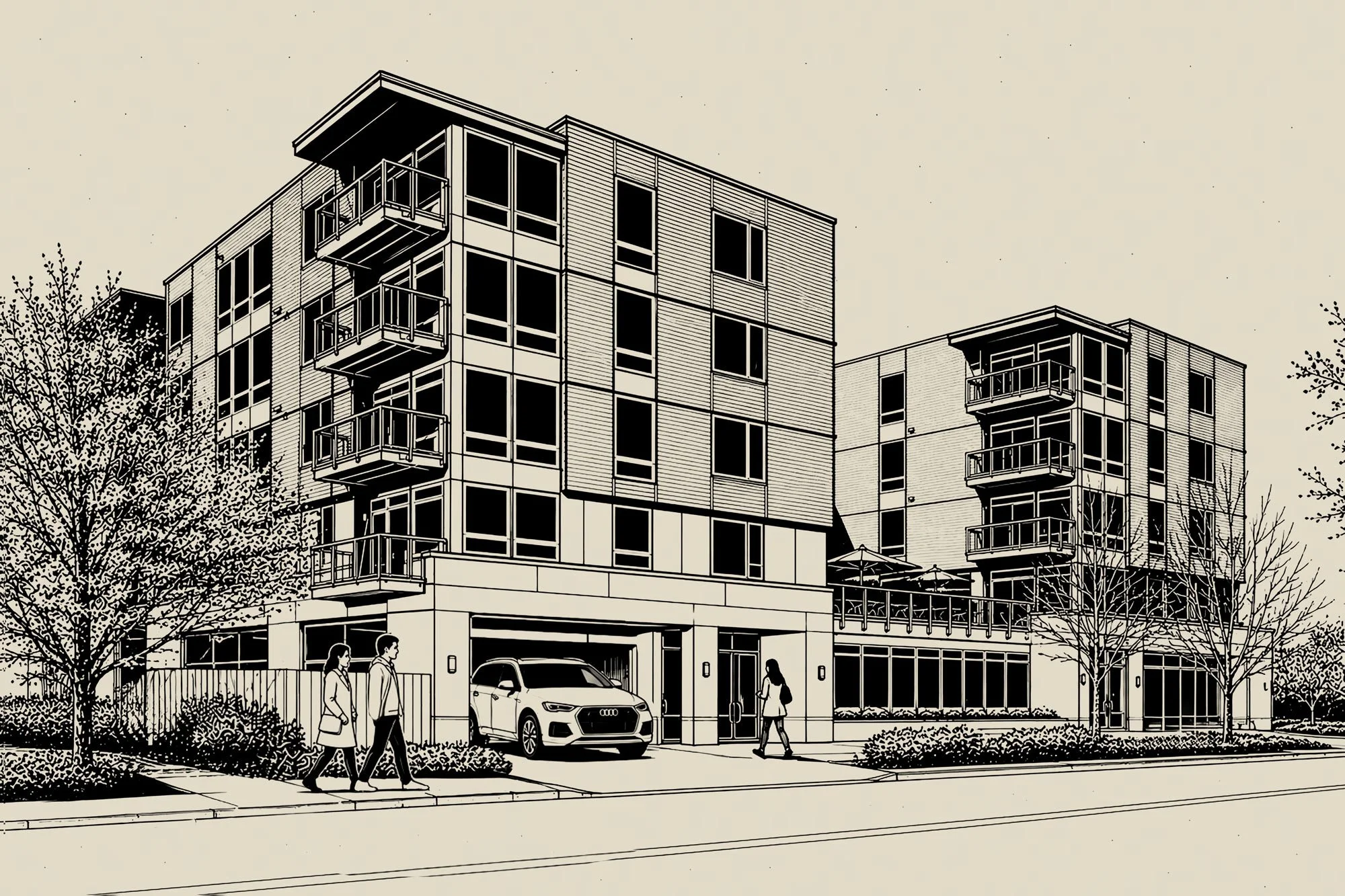Black and white illustration of a modern residential building with multiple floors, balconies, and large windows. There are three people walking on the sidewalk in front of the building, and a white car parked in the driveway. Trees and a fence surround the scene.