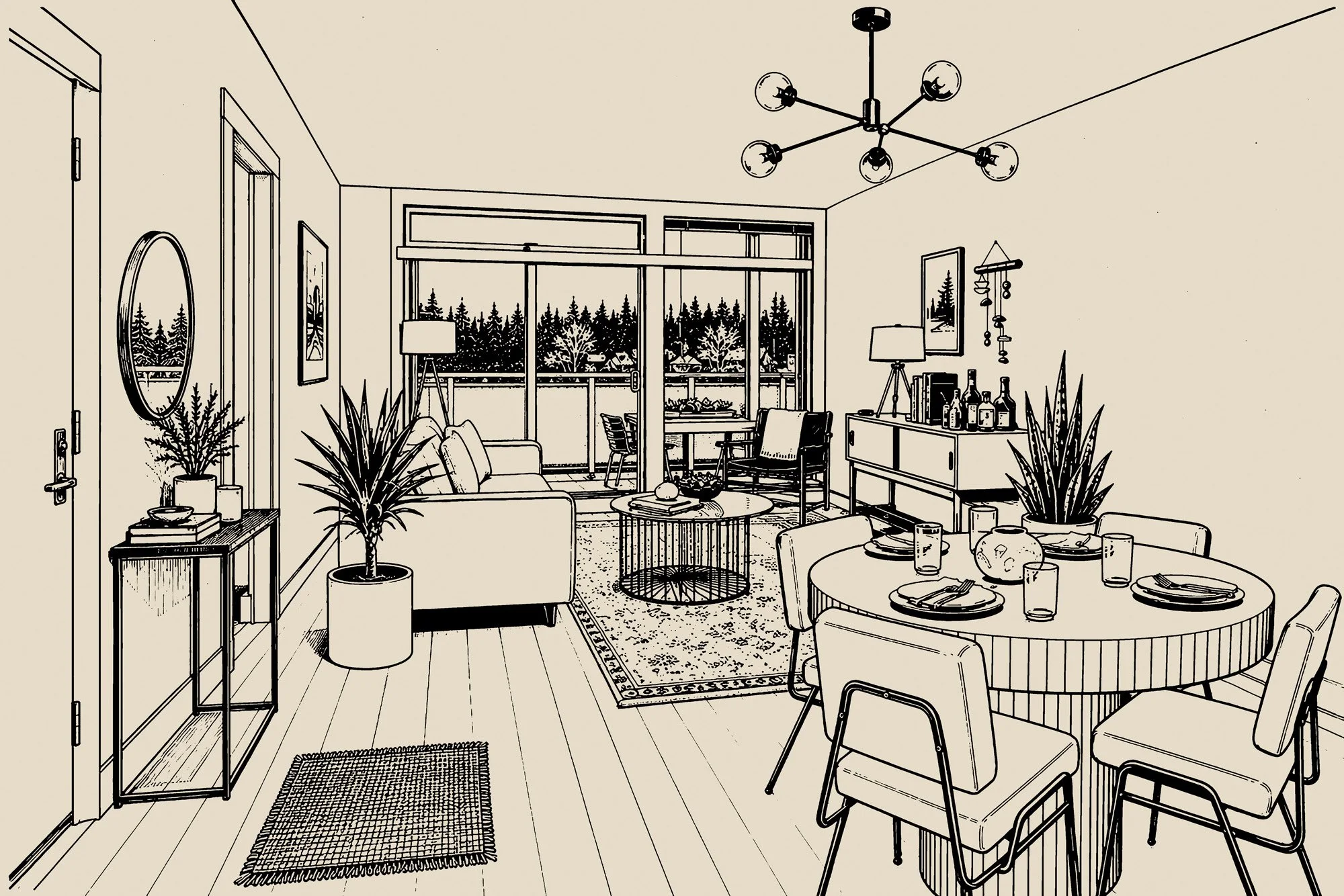A black and white line drawing of a living room with large window overlooking trees. The room has a sofa, armchair, coffee table, dining table with six chairs, sideboard, and various plants and decorative items.