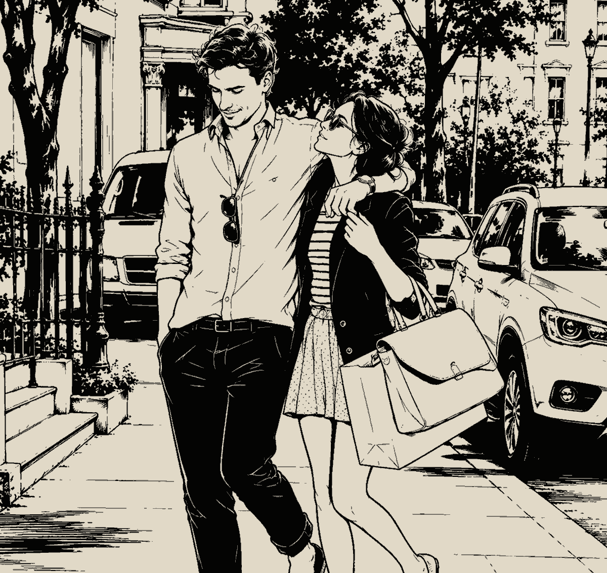 A young man and woman walking on a city sidewalk, smiling and talking. The man has sunglasses hanging from his shirt pocket, and the woman carries shopping bags, with cars parked nearby.