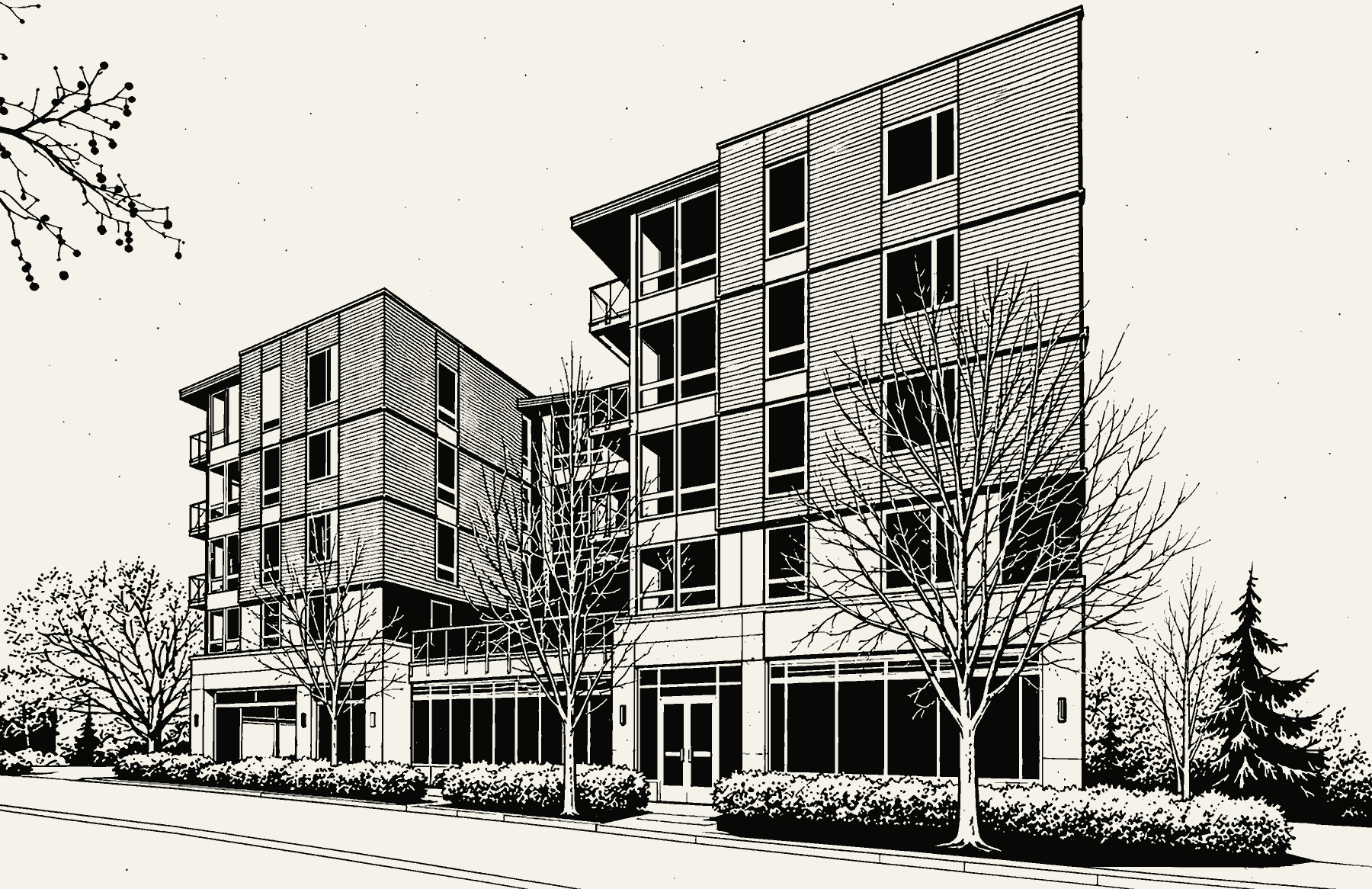 A black and white drawing of modern low-rise apartment buildings with large windows, surrounded by leafless trees and bushes on a city sidewalk.