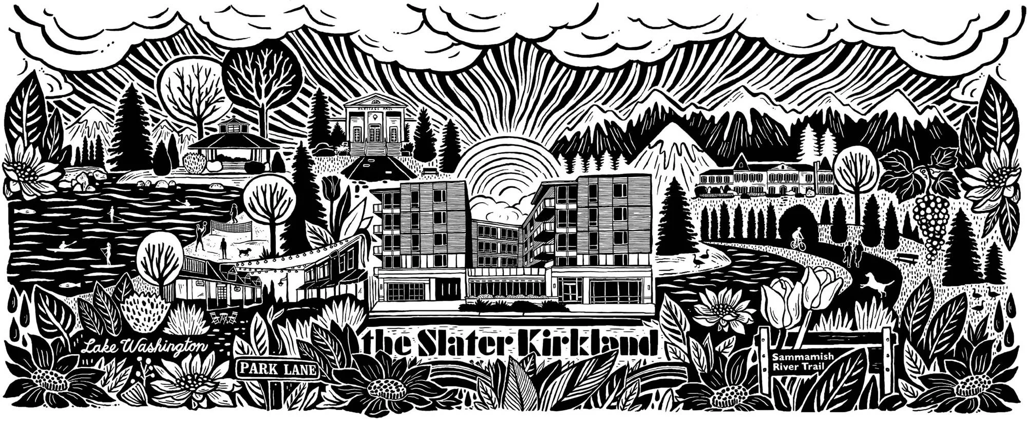 Illustration of the Slater-Kirkland area featuring mountains, trees, a river trail with people biking and walking, buildings, and natural scenery with flowers and vines in black and white.
