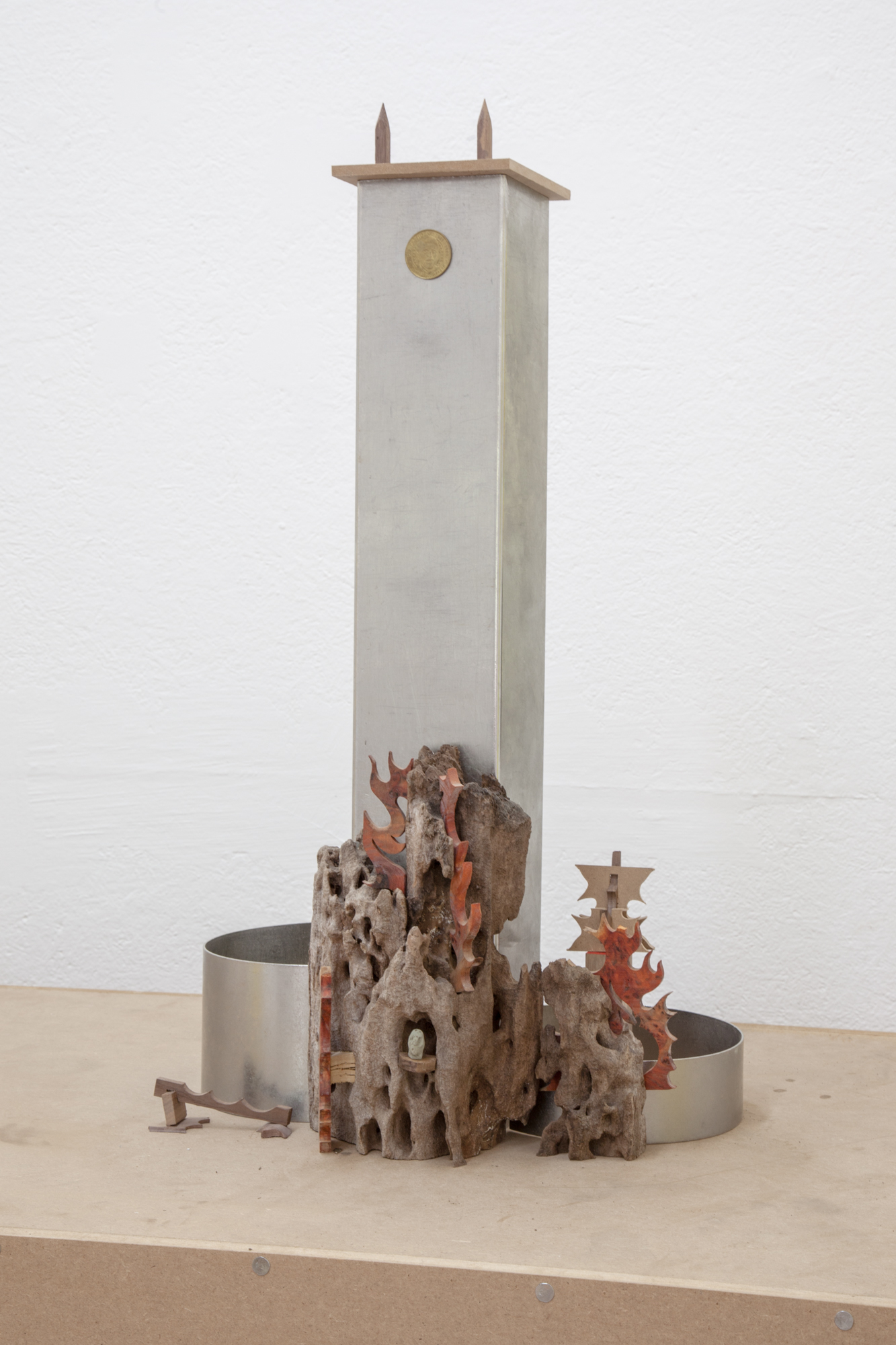  Harry Gould Harvey IV,  Reagan Klan , 2018, Foraged Wormy Apple Wood From Former Citibank™ Founder’s Estate, Clay Foraged, from Swans Island, Sunoco™ Millennium Commemorative Coins, Chakta Viga Burl, and Scrap Metal from Whole Foods™, 26 x 16 x 11 i