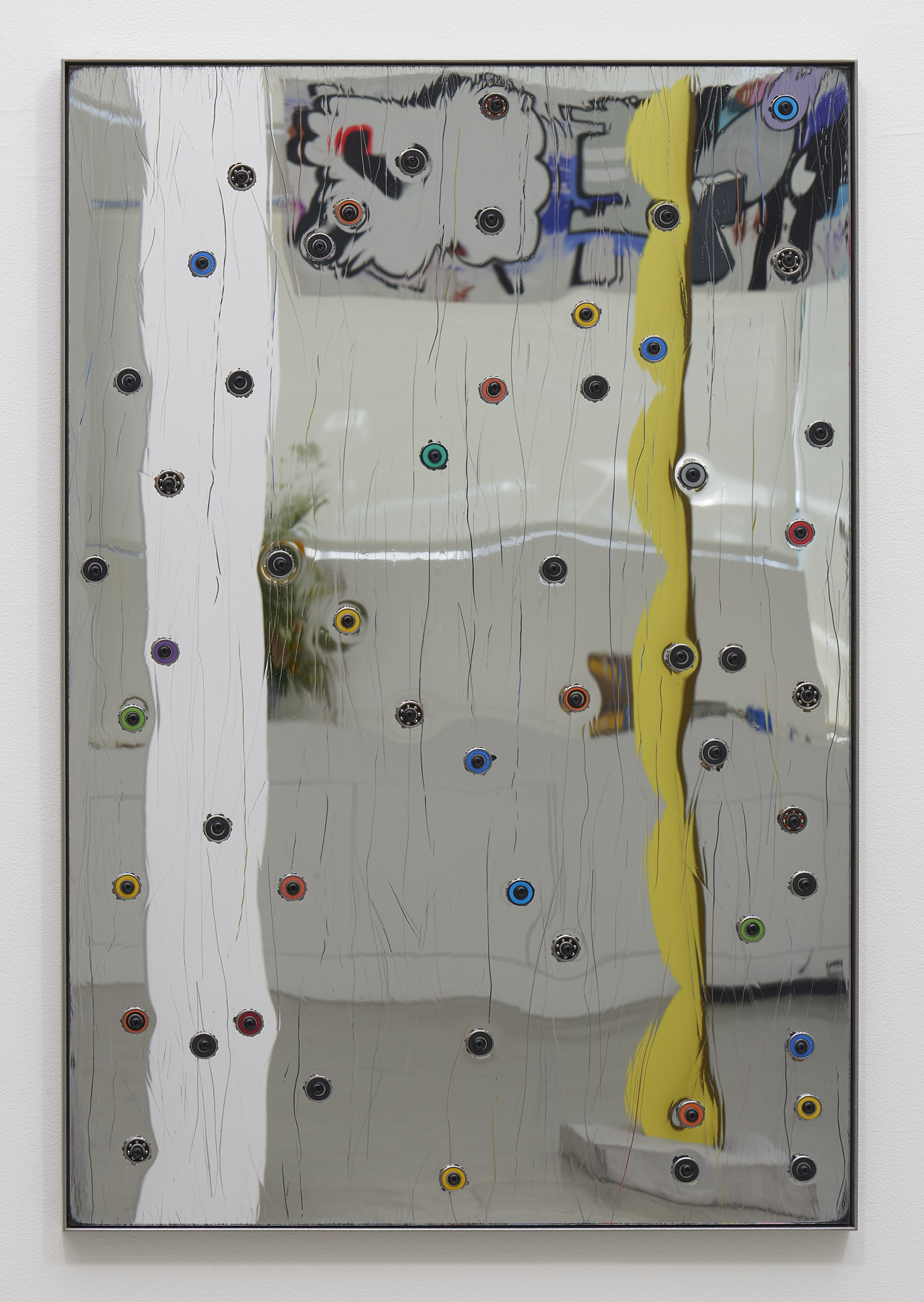  Davina Semo,  "USE THE MIRROR,” SHE TOLD ME, “THE MIRROR IS A TOOL ”, 2018, Acrylic mirror, oriented strand board, assorted ball bearings, hardware, stainless steel, 38 x 25 inches 