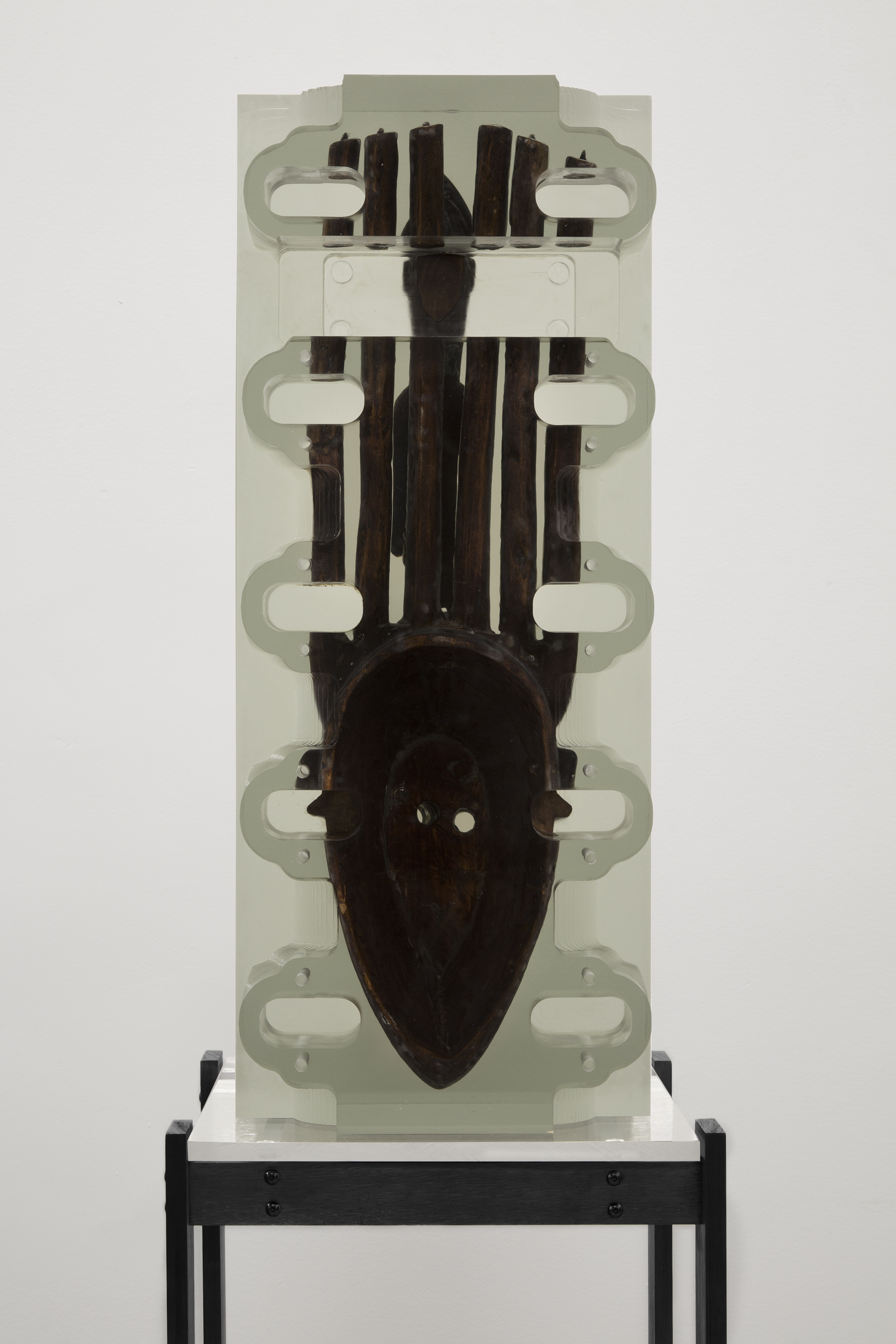  Matthew Angelo Harrison,  Dark Silhouette: Composition of Borrowed inlets #2 , 2018, Wooden sculpture from West Africa, polyurethane resin, anodized aluminum, acrylic, 60 1/2 x 23 x 16 3/4 inches 