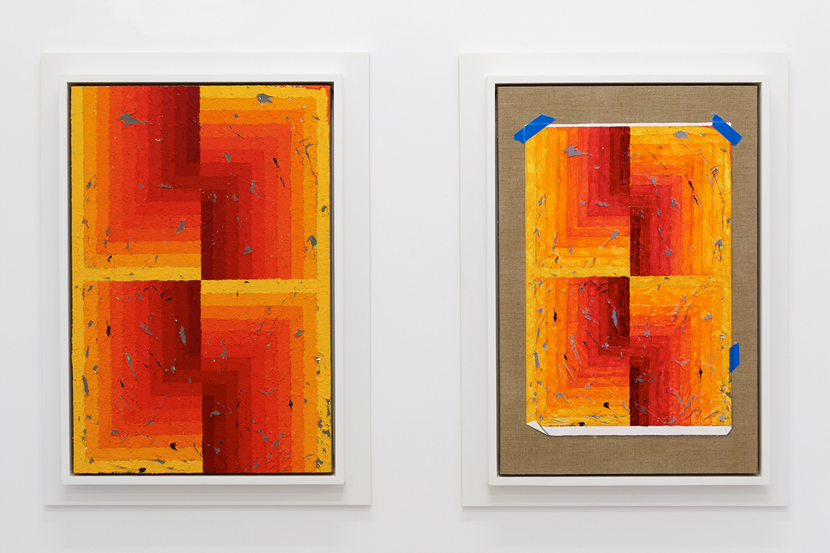  Julian Hoeber,  Execution Changes #95A &amp; 95B (CS, Q1, URJ, DC, Q2, LLJ, DC, Q3, LLJ, DC, Q4, URJ, DC) , 2018, Acrylic on linen and acrylic and gouache on linen. Two panels, framed: 36 x 26 inches 