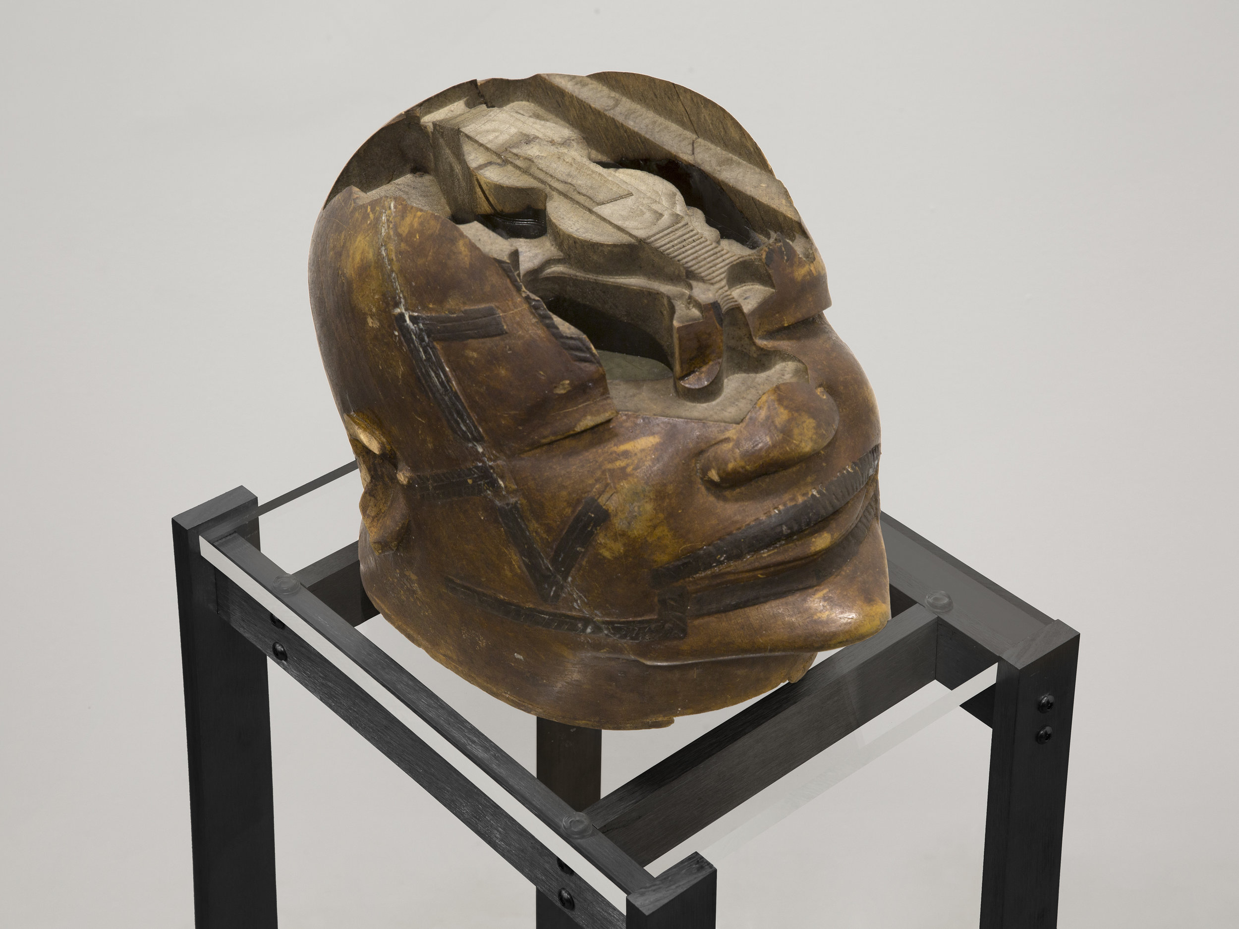  Matthew Angelo Harrison,  Synthetic Lipiko - Caliper Study , 2018, Wooden sculpture, anodized aluminum, acrylic. 56 x 21 1/2 x 22 3/4 inches 